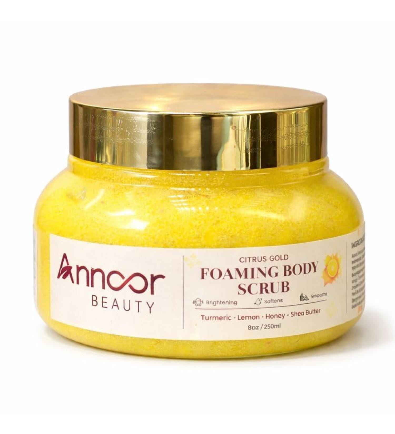 Citrus Gold Foaming Sugar Body Scrub by Annoor Beauty with Lemon Turmeric Honey & Shea Butter Exfoliating & Moisturizing Body Polish for Glowing Skin 8 oz / 250 ml - Buy Online on GoSupps.com
