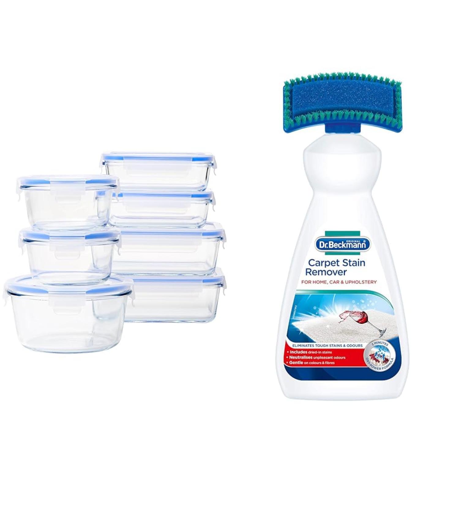 Amazon Basics Airtight Glass Food Storage Container Set with BPA-Free & Locking Plastic Lids & Dr. Beckmann Carpet Stain Remover | Removes New and Dried-in Stains | Includes Applicator Brush 7 + Carpet Stain Remover 650ml - Buy Online on GoSupps.com