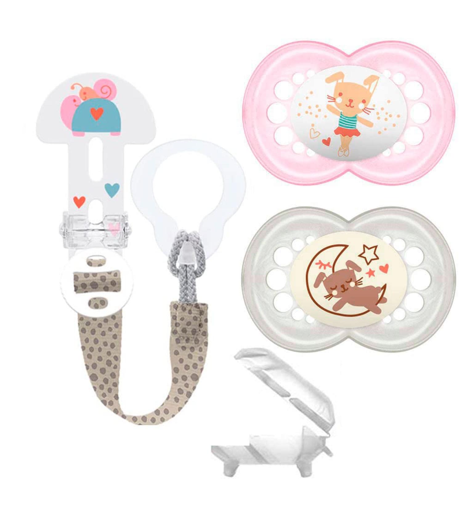 MAM Original Skin Soft Silicone Pacifier Set for Girls 16+ | 2 Pacifiers with Sterilized Transport Box & Washable MAM Clip It! - Buy Online on GoSupps.com