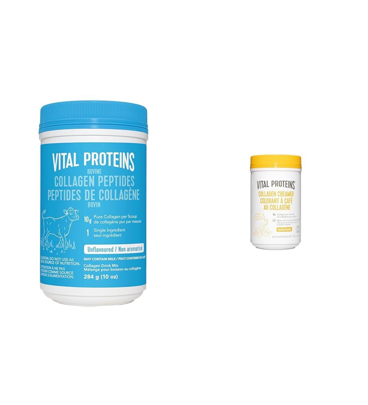 Vital Proteins Bovine Collagen Powder 284g Hydrolyzed Collagen Peptides - 10 g per serving - Unflavored & Collagen Creamer 300g 10 g Collagen Peptides per serving - Vanilla Flavoured - Buy Online on GoSupps.com