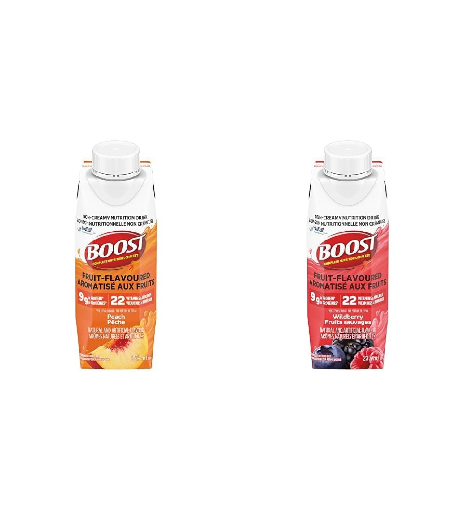 Boost Fruit Flavoured Drink Peach 237ml 24 count & Fruit Flavoured Drink Wild Berry 237ml 24 count Peach + Drink Boost Fruit Flavoured Drink - Buy Online on GoSupps.com