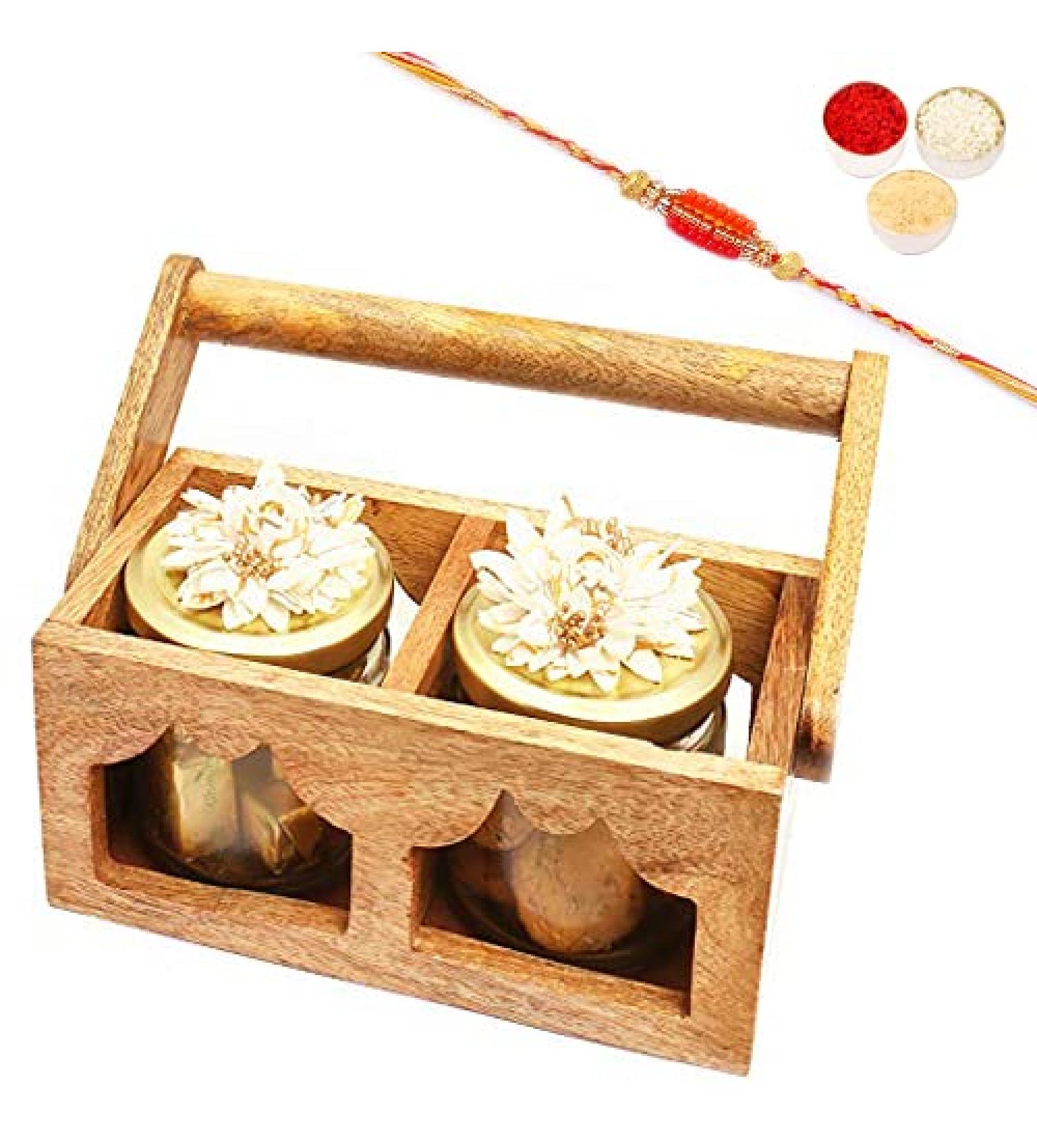 Ghasitaram Gifts Rakhi Gifts for Brothers Rakhi Sweets - Wooden Basket with Methi Mathi and MEWA Bites Jars with Pearl Beads Rakhi - Buy Online on GoSupps.com