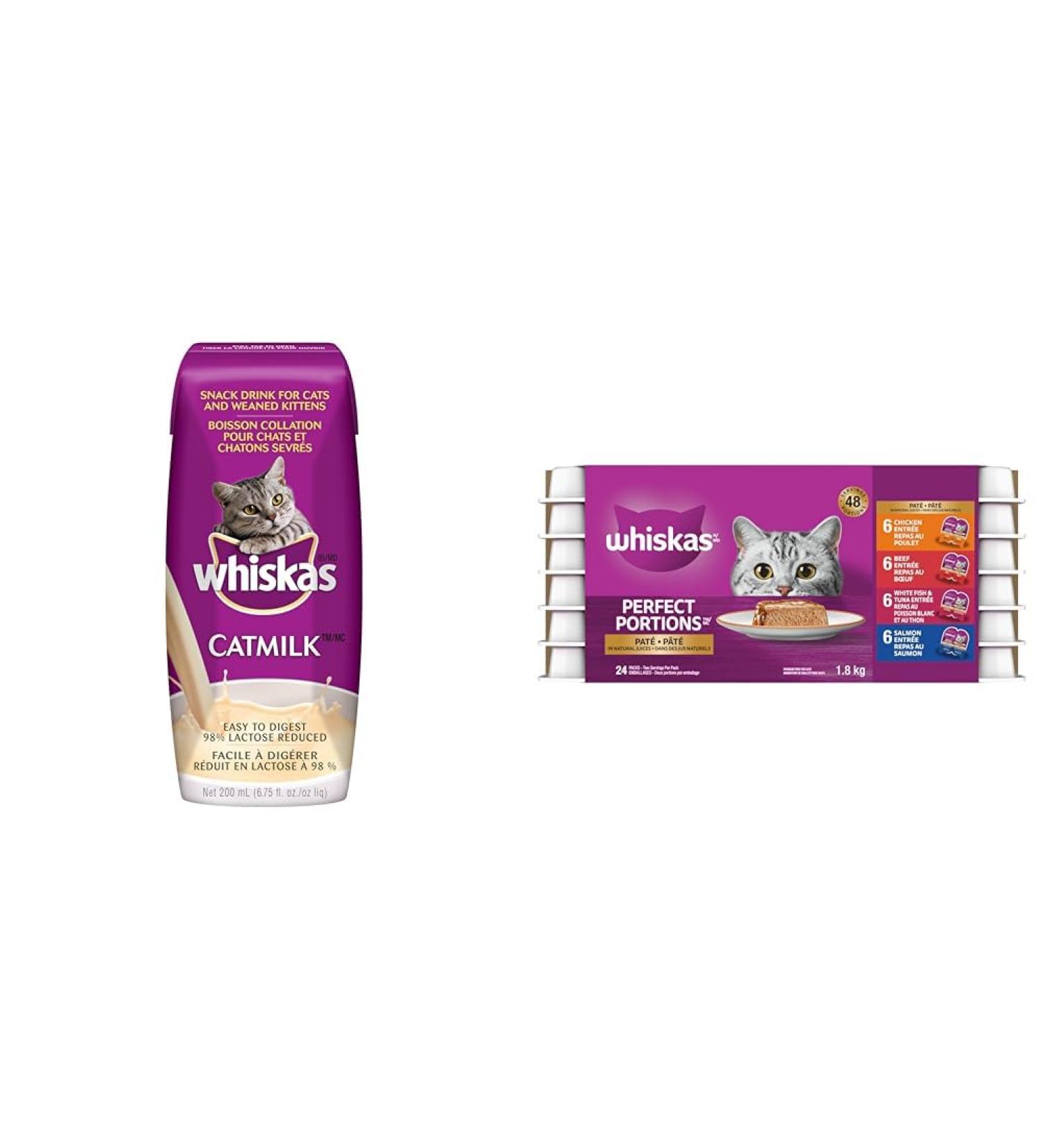 WHISKAS Catmilk Kitten & Cat Treats 200ml (24 Pack) & Perfect Portions Adult Wet Cat Food - Chicken Beef Whitefish and Tuna Salmon 75g Trays (24 pack) Cat Treats + Cat Food - Buy Online on GoSupps.com