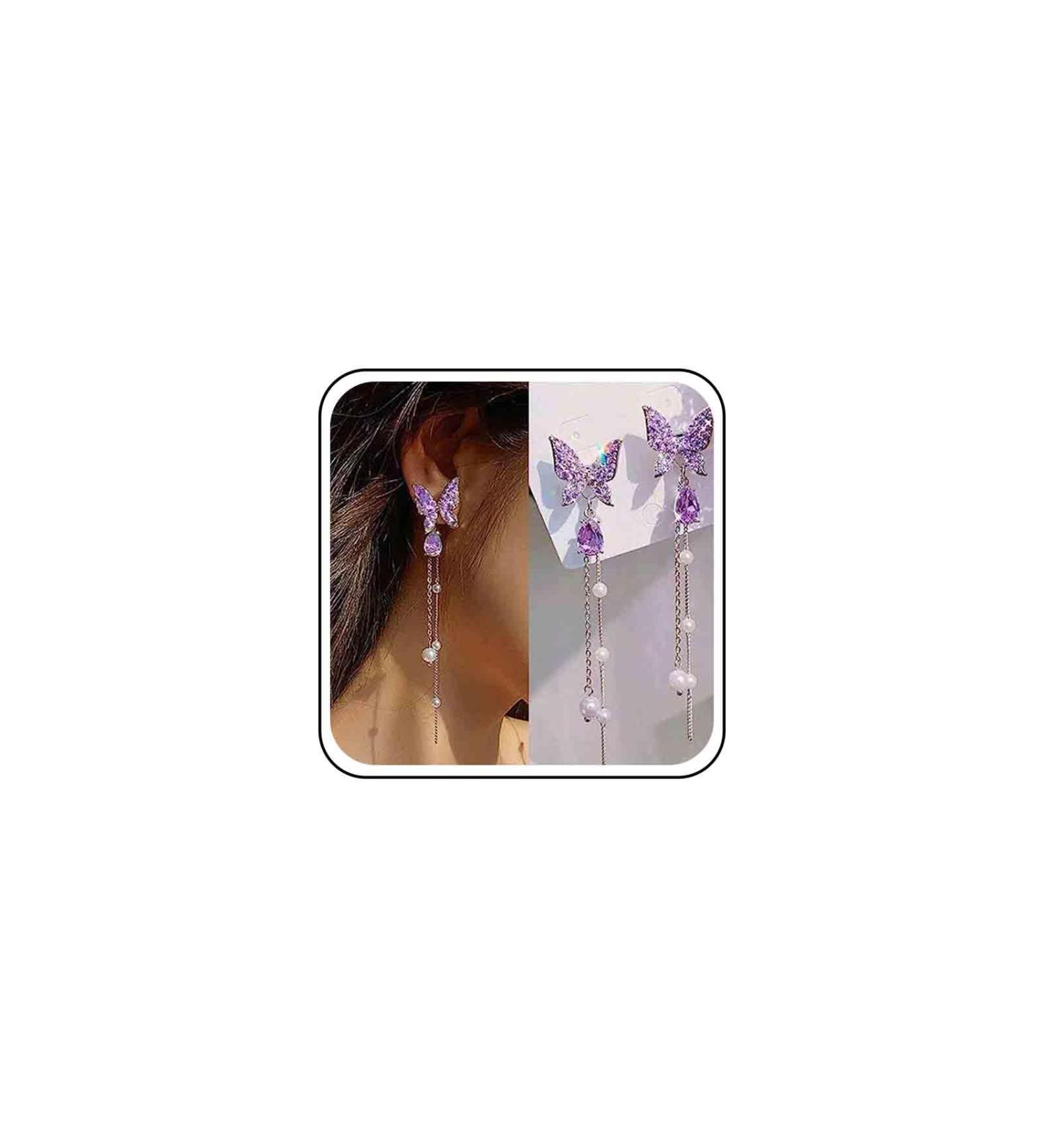 Vintage Crystal Amethyst Butterfly Earrings | Long Pearl Drop & Tassel Jewelry for Women - Shop Now - Buy Online on GoSupps.com