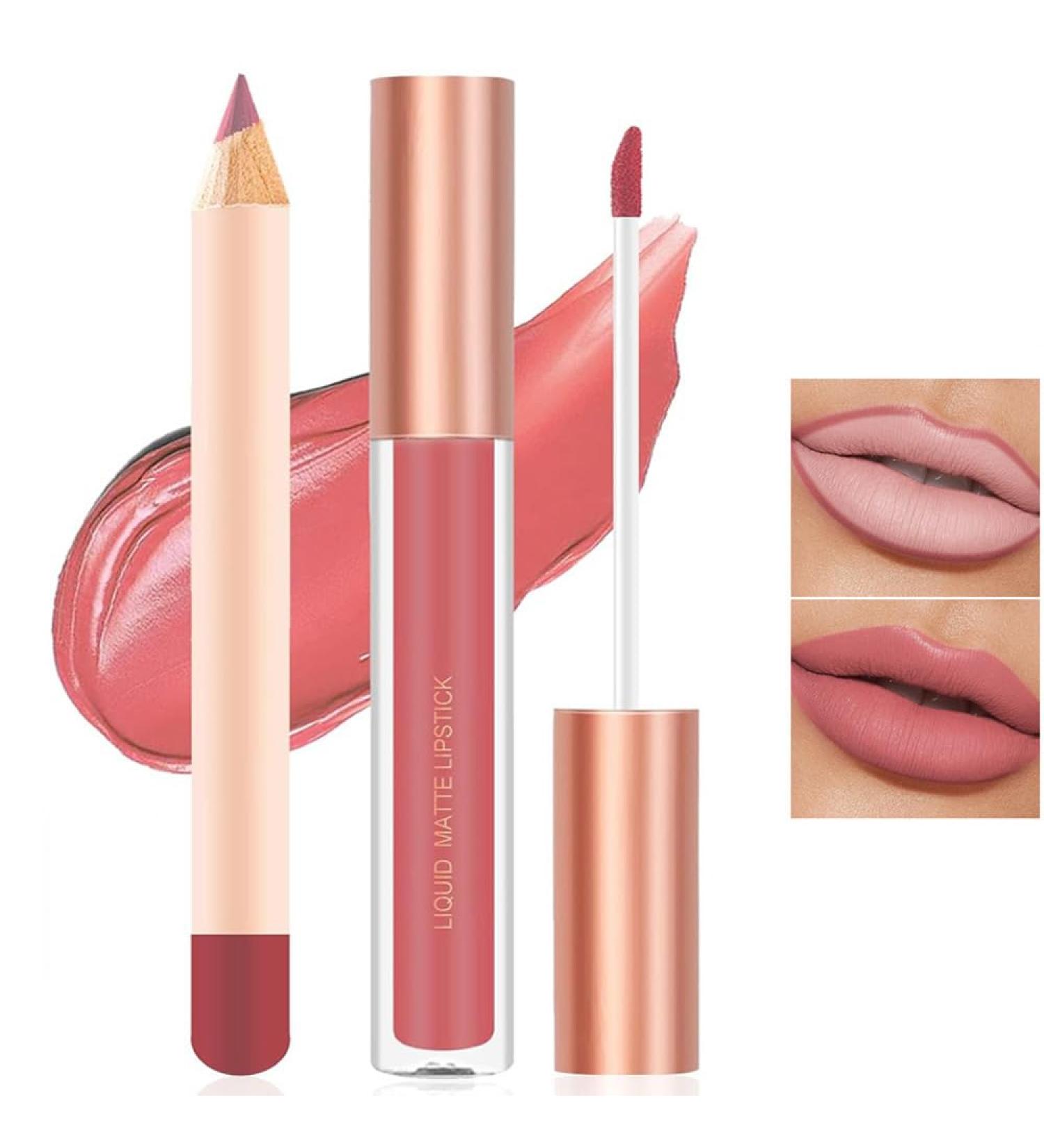 Matte Nude Lip Liner and Lipstick Makeup Set Matte Liquid Lipstick/Nude Lip Stain High Pigment Lipstick & Lipliner Pencil for Women Smooth Lip Color (05) - Buy Online on GoSupps.com