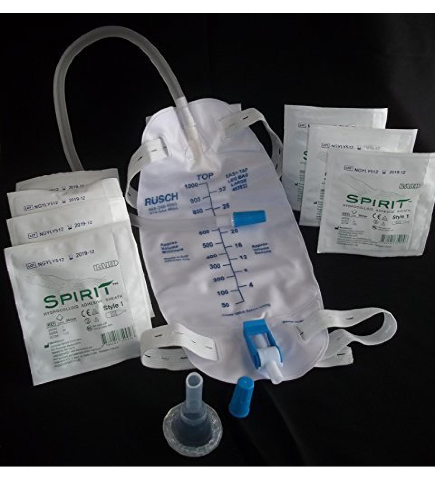 Urinary Incontinence Kit -One-Week 7-Condom Catheters Self-Seal External 36mm (Large) Premium Leg Bag 1000ml Tubing Straps & Fast and Easy Draining.