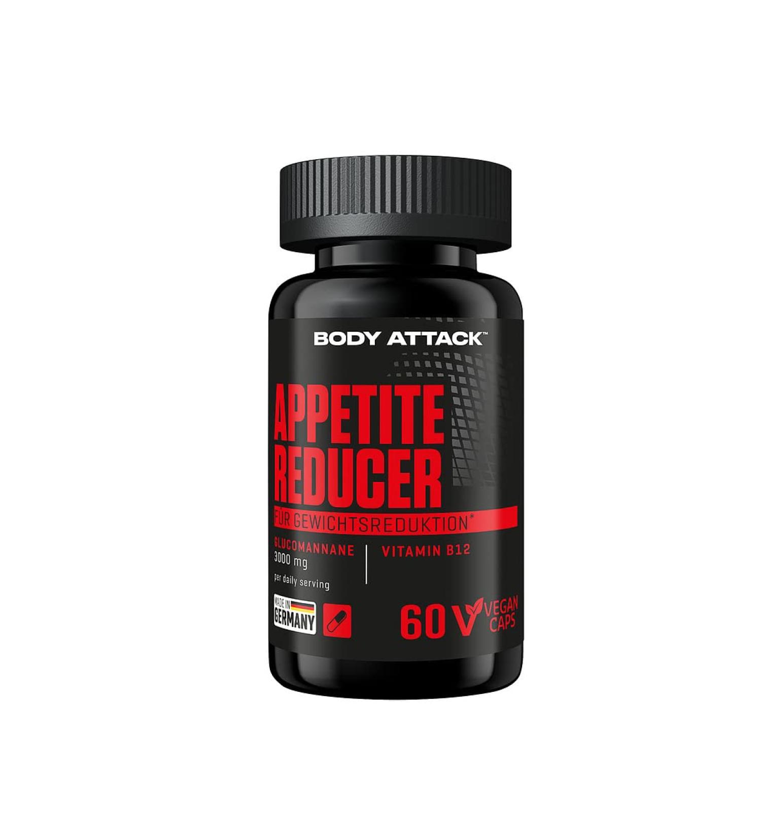 Body Attack Appetite Reducer Men 60 capsules / 10 portions with vitamin B-12 vegetable fiber for maximum saturation glucomannan made of conjac roots diet support vegan made in Germany