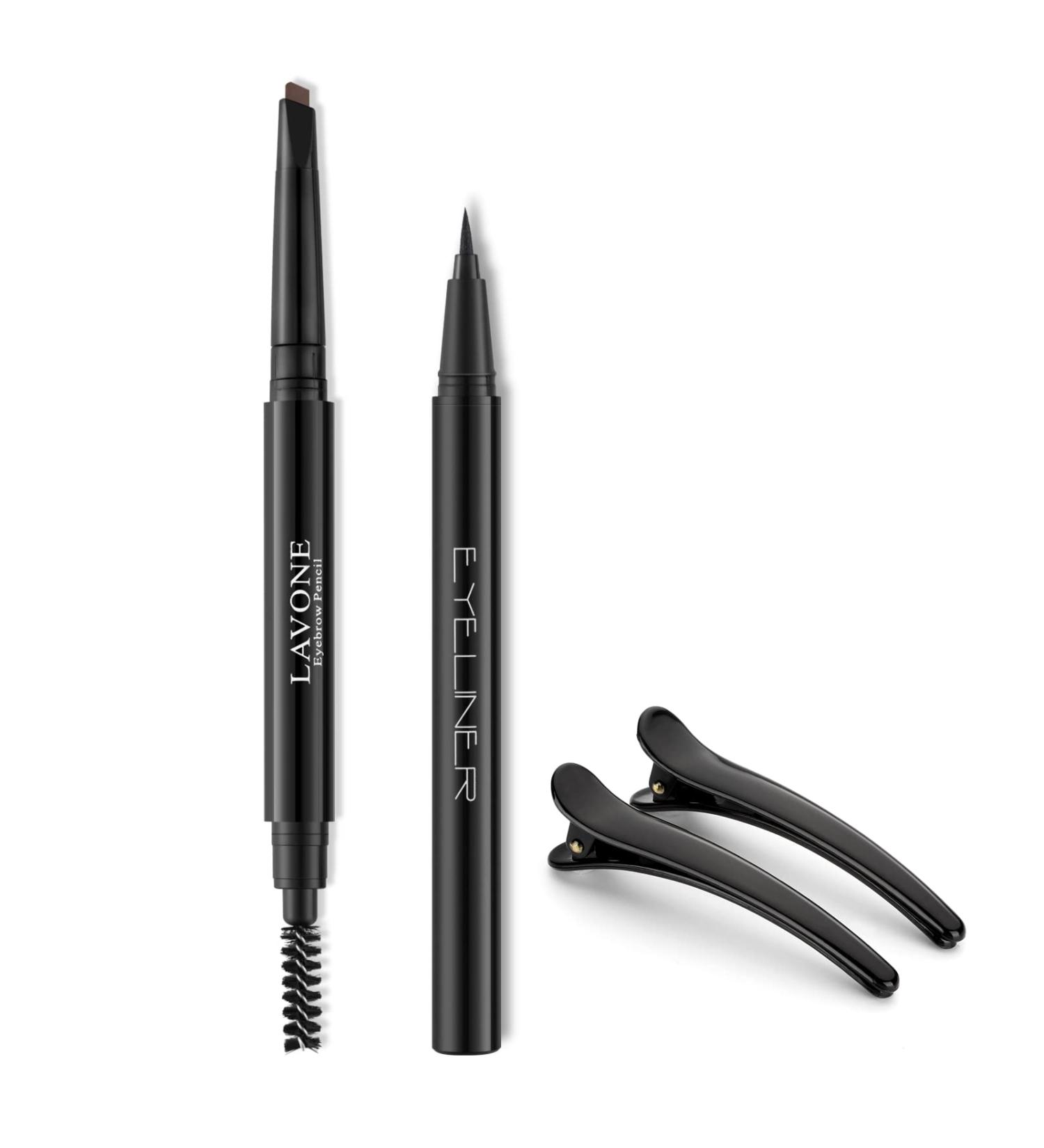 Dark Brown Eyebrow Pencil & Black Eyeliner Makeup Kit with Waterproof Formula + Hair Clips - Buy Online on GoSupps.com