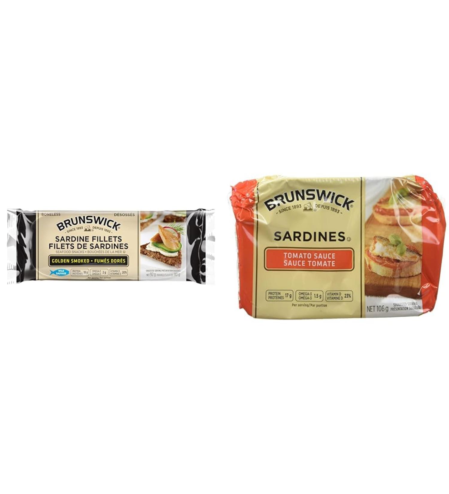 Brunswick Sardine Fillets Seafood Snacks Golden Smoked 92g 18 Count & Sardines in Tomato Sauce - 106g 18 Count - 17g of Protein Per 106g Serving - Contains Omega-3 & Iron - Buy Online on GoSupps.com