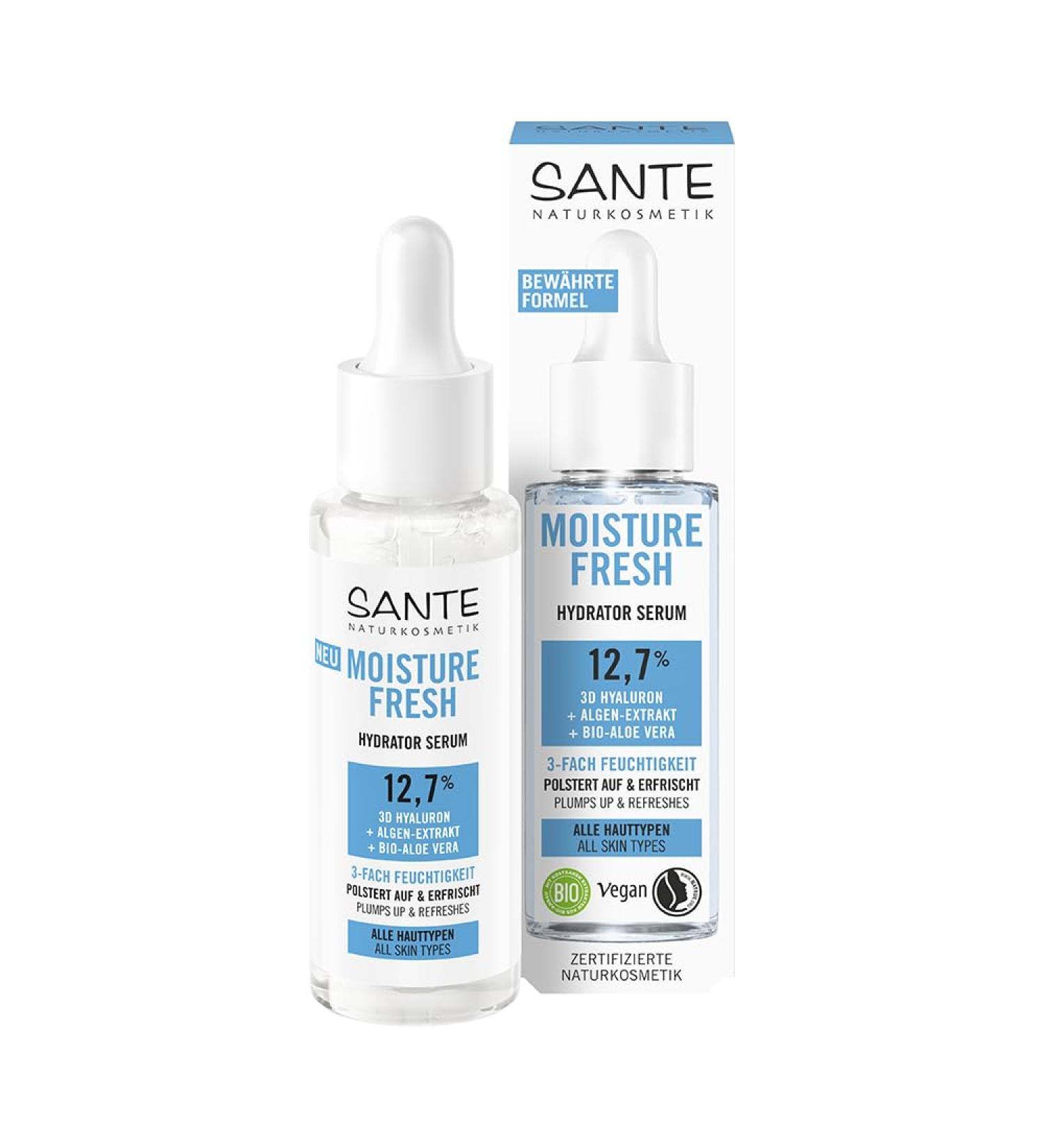 SANTE Naturkosmetik Serum with 3D hyaluron algae extract and organic aloe vera for intensively hydrated fresh and invigorated skin Moisture Fresh Hydrator Serum 30 ml - Buy Online on GoSupps.com