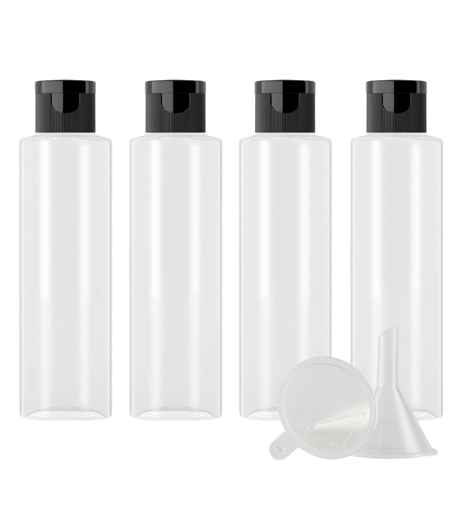 Zeoabsy 150ml Transparent PET Plastic Bottles - 4 Pack with Black Hinged Lid | Portable Cosmetic & Oil Travel Bottles - Buy Online on GoSupps.com