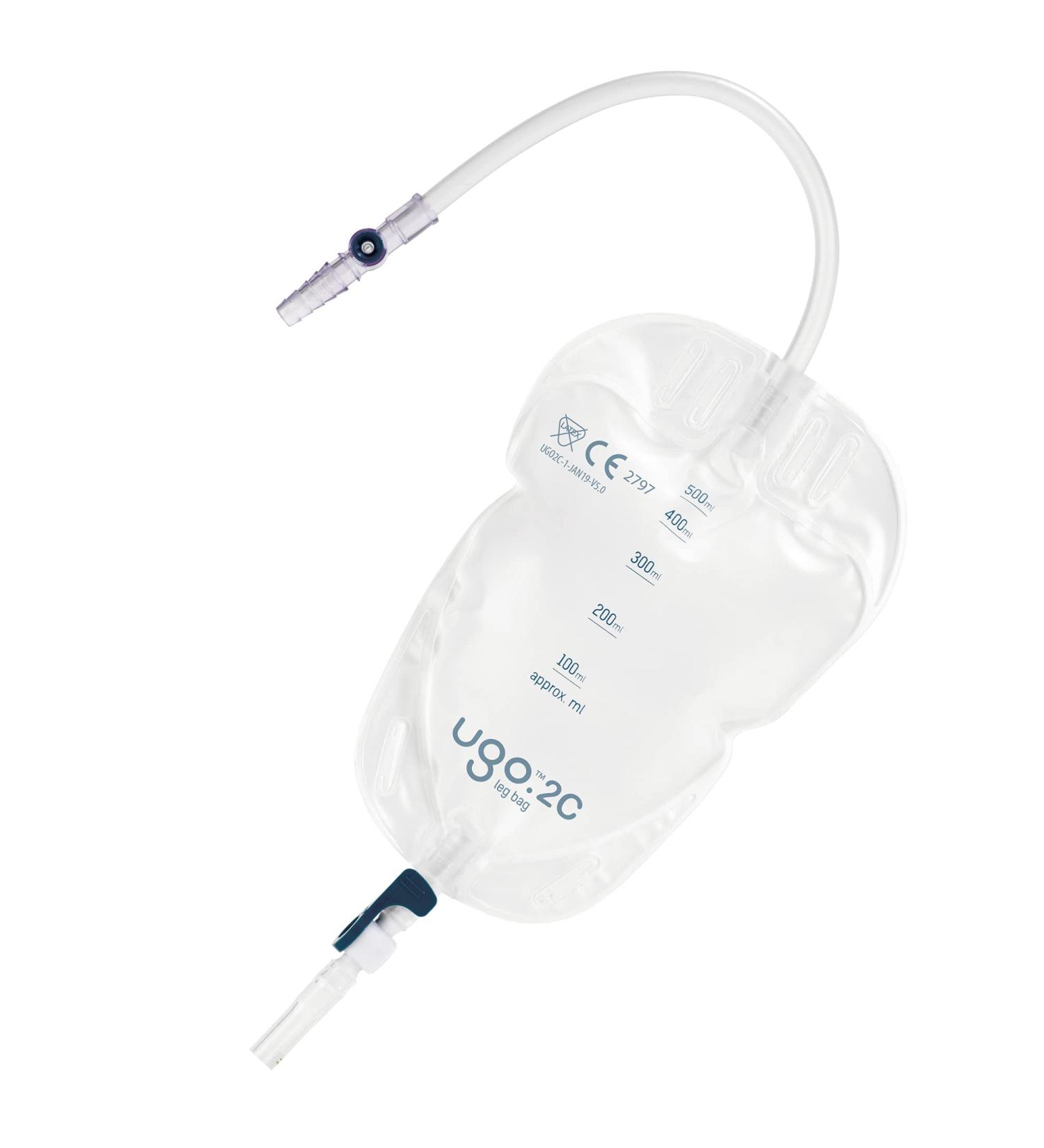 Ugo Leg Bags x10 - Urine Drainage Bags/Catheter Leg Bags for Men and Women - Soft Fabric Backing - Natural Leg-Shape Design - 500ml Long Tube Lever Tap - Buy Online on GoSupps.com