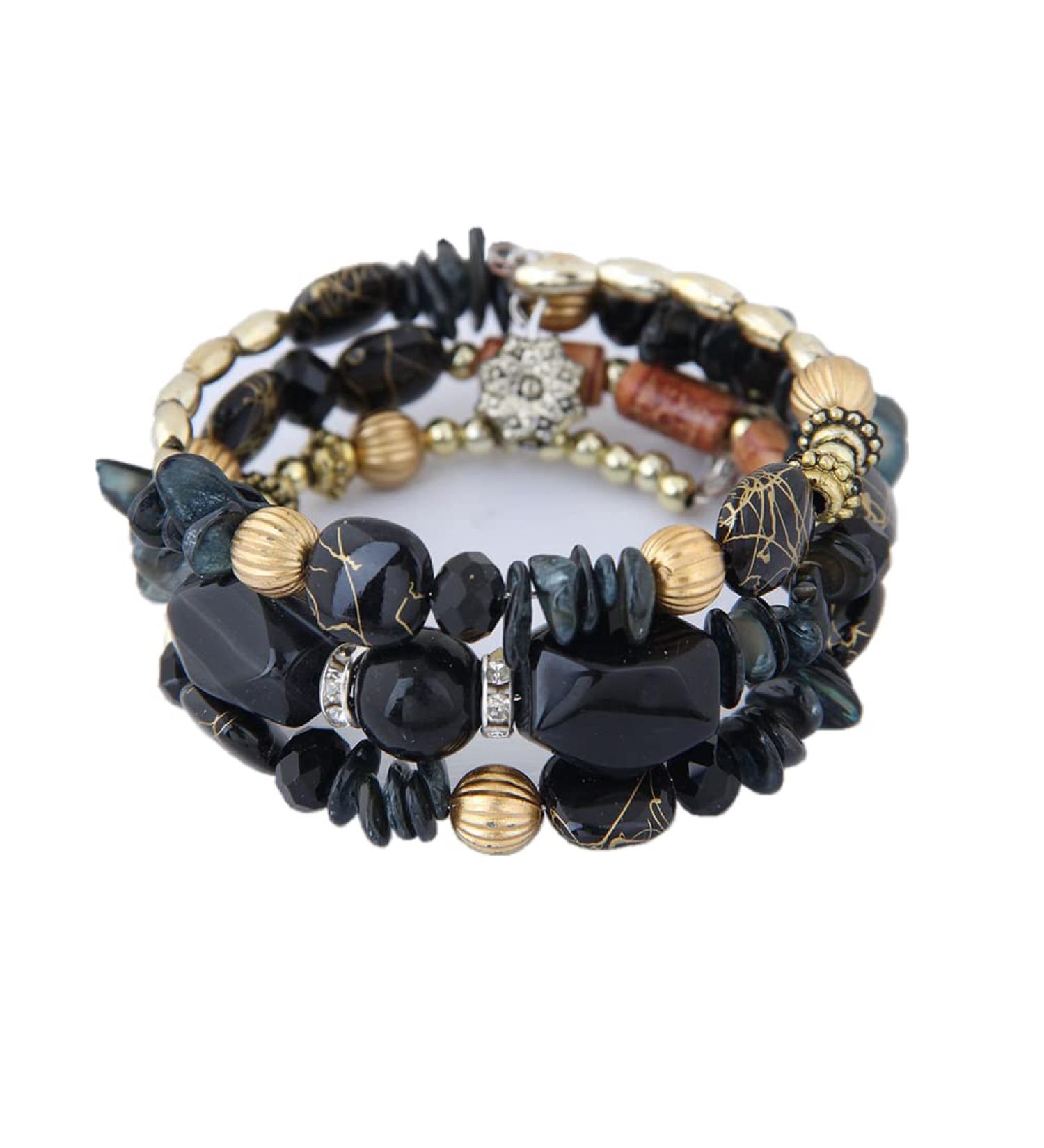 Boho Colorful Multilayer Stone Bracelets Irregular Agate Beads Charm Bracelets for Women Vintage Jade Stone Man Bracelets Yoga Bangles Ethnic Jewelry-Black