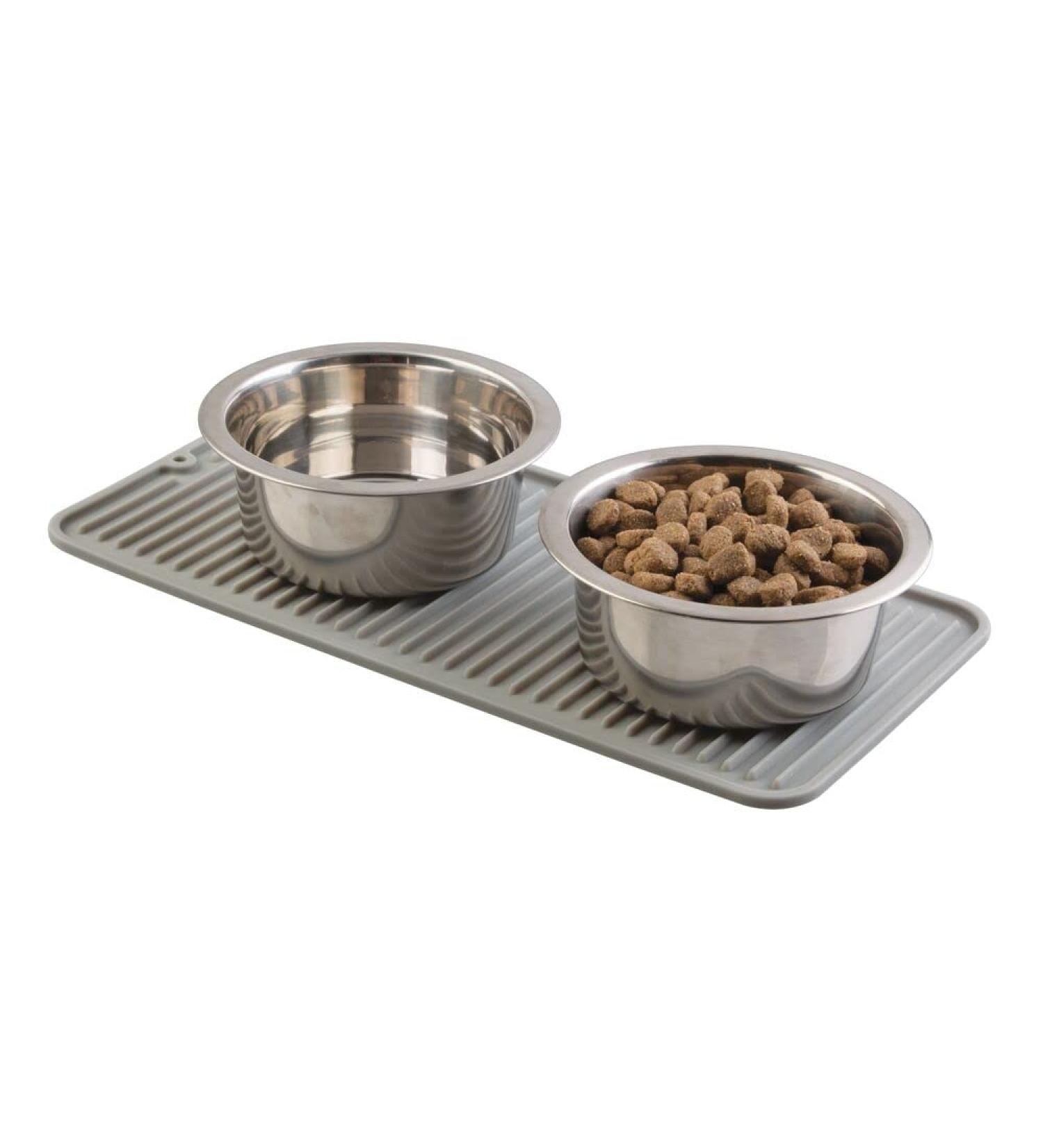 mDesign Small Square Pet Food and Water Bowl Mat - Waterproof Non-Slip Silicone Placemat for Dogs and Cats - Durable and Food Safe - Gray Linelle Collection - Buy Online on GoSupps.com