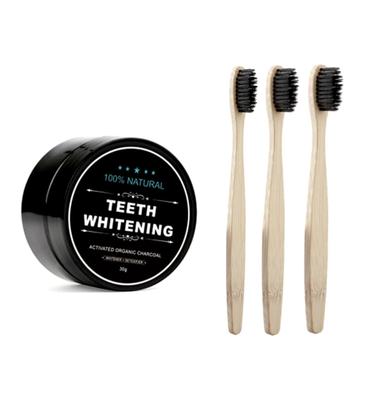 3x Organic Bamboo Toothbrush Set + 1 Activated Charcoal Powder - Natural Tooth Whitening & Care - Buy Online on GoSupps.com