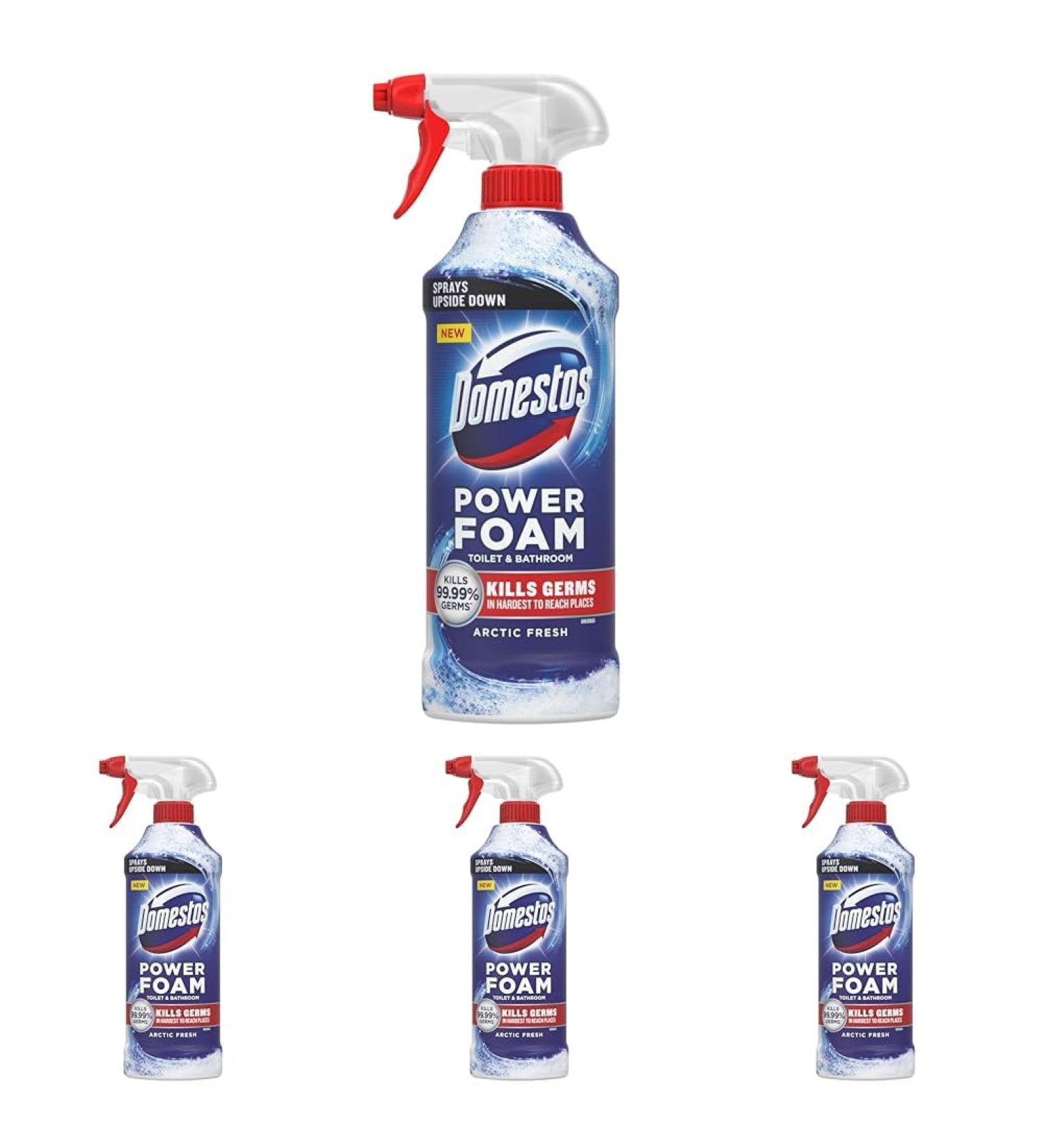 Domestos Power Foam Arctic Fresh Toilet & Bathroom Cleaner Spray sprays upside down & eliminates 99.99% of germs for cleaning inside the toilet & around bathroom 450 ml (Pack of 4) - Buy Online on GoSupps.com