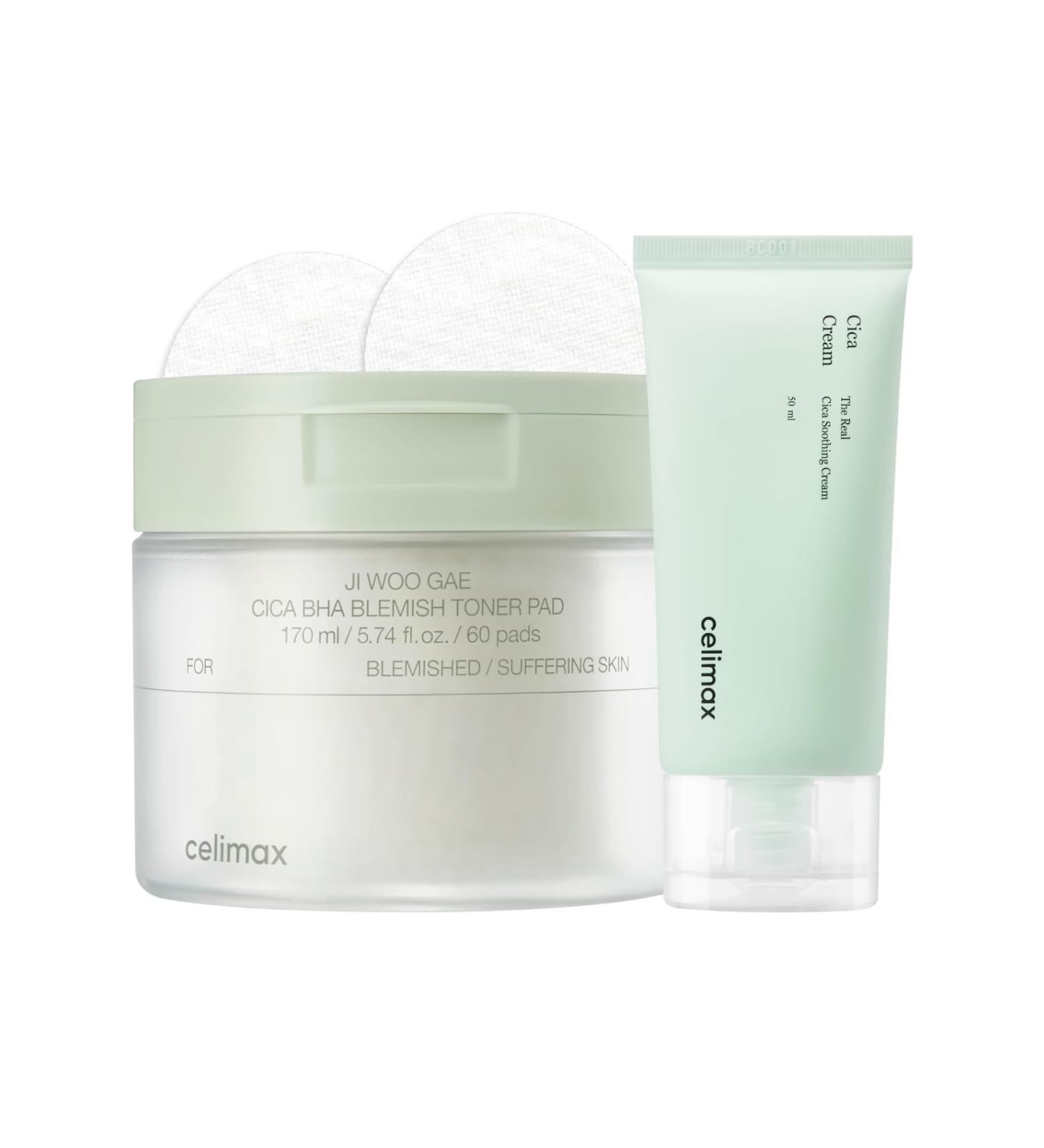 celimax Ji.Woo.Gae Cica BHA Blemish Toner Pad (60 Pads) + The Real Cica Soothing Cream 50ml Bundle - Buy Online on GoSupps.com