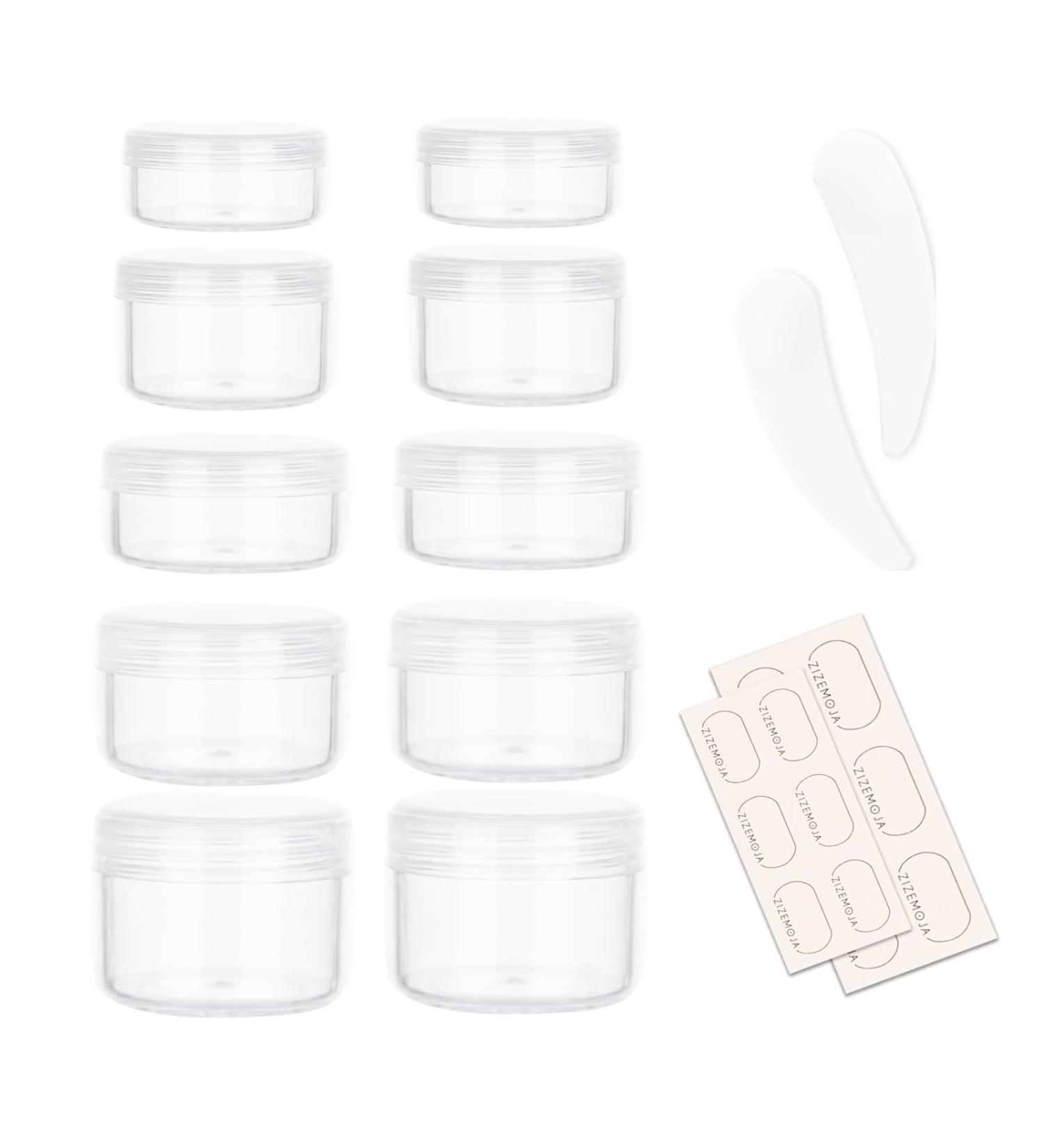 10 Piece Small Travel Containers - 3/5/10/15/20 Gram Size Jars for Lotions & Creams - Plastic Sample Containers with Labels & Mini Spatula - Buy Online on GoSupps.com