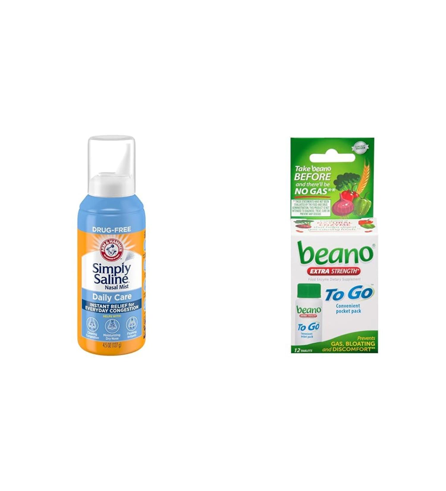 Arm & Hammer Simply Saline Nasal Spray 4.5oz & beano to Go Gas Relief Tablets 12 Count - Buy Online on GoSupps.com