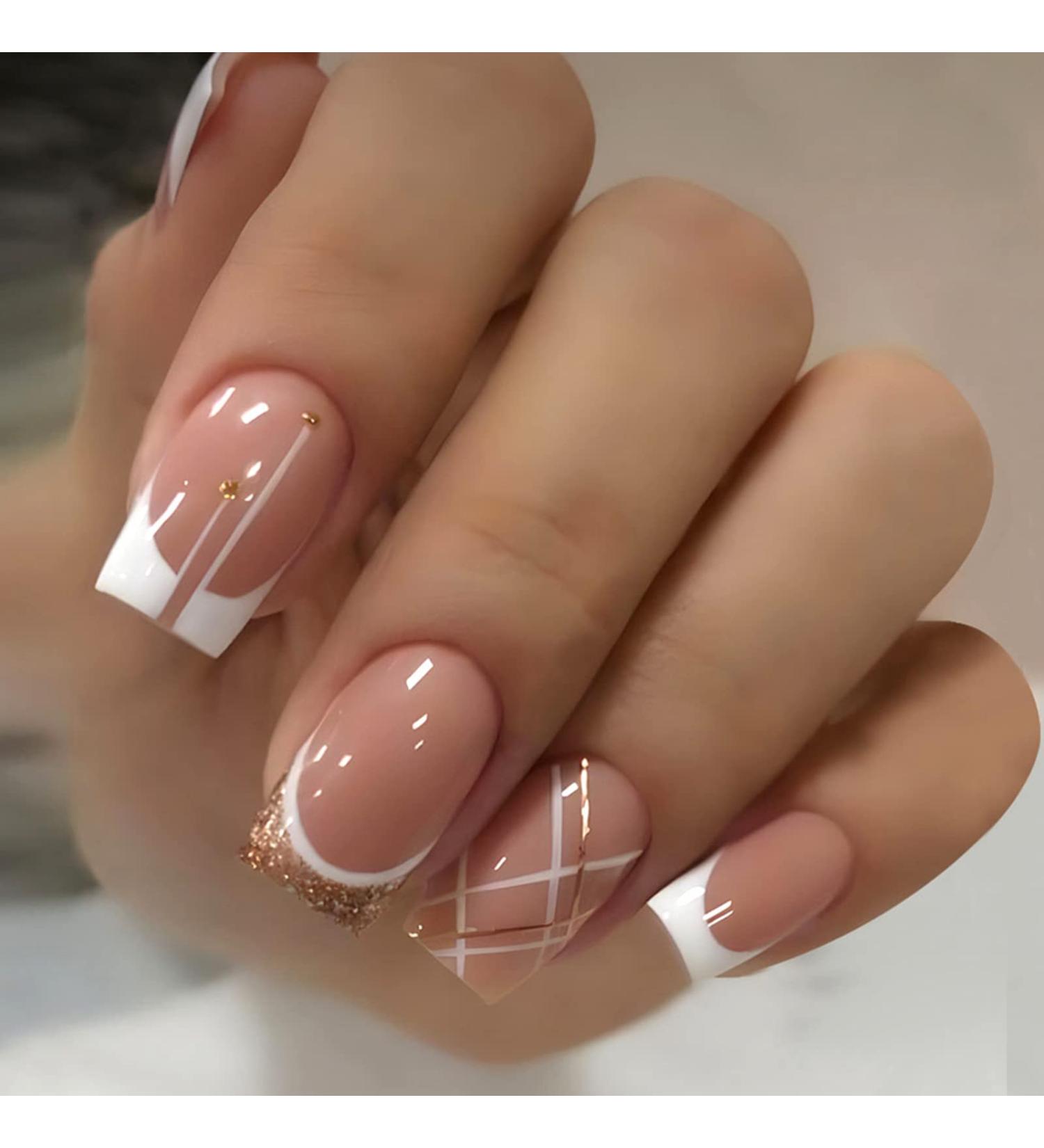 24-Piece Gold Glitter French Artificial Nails - Ballerina Press-On Design for Women & Girls | DIY Square Fake Nails - Buy Online on GoSupps.com