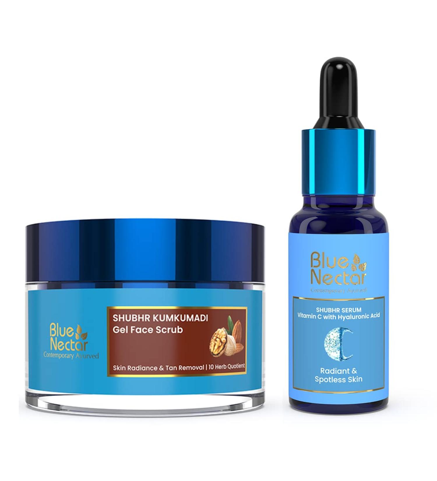 Blue Nectar Walnut Gel Face Scrub (1.7 Oz) paired with Vitamin C Face Serum with Natural Hyaluronic Acid (1 Fl Oz). Reveal radiant complexion with this dynamic duo. - Buy Online on GoSupps.com