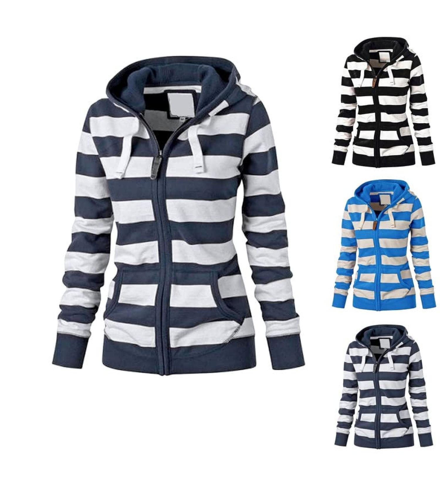 OUNAR Women's Casual Lightweight Striped Zip Up Hoodie with Pockets - Navy, XL - Buy Online on GoSupps.com