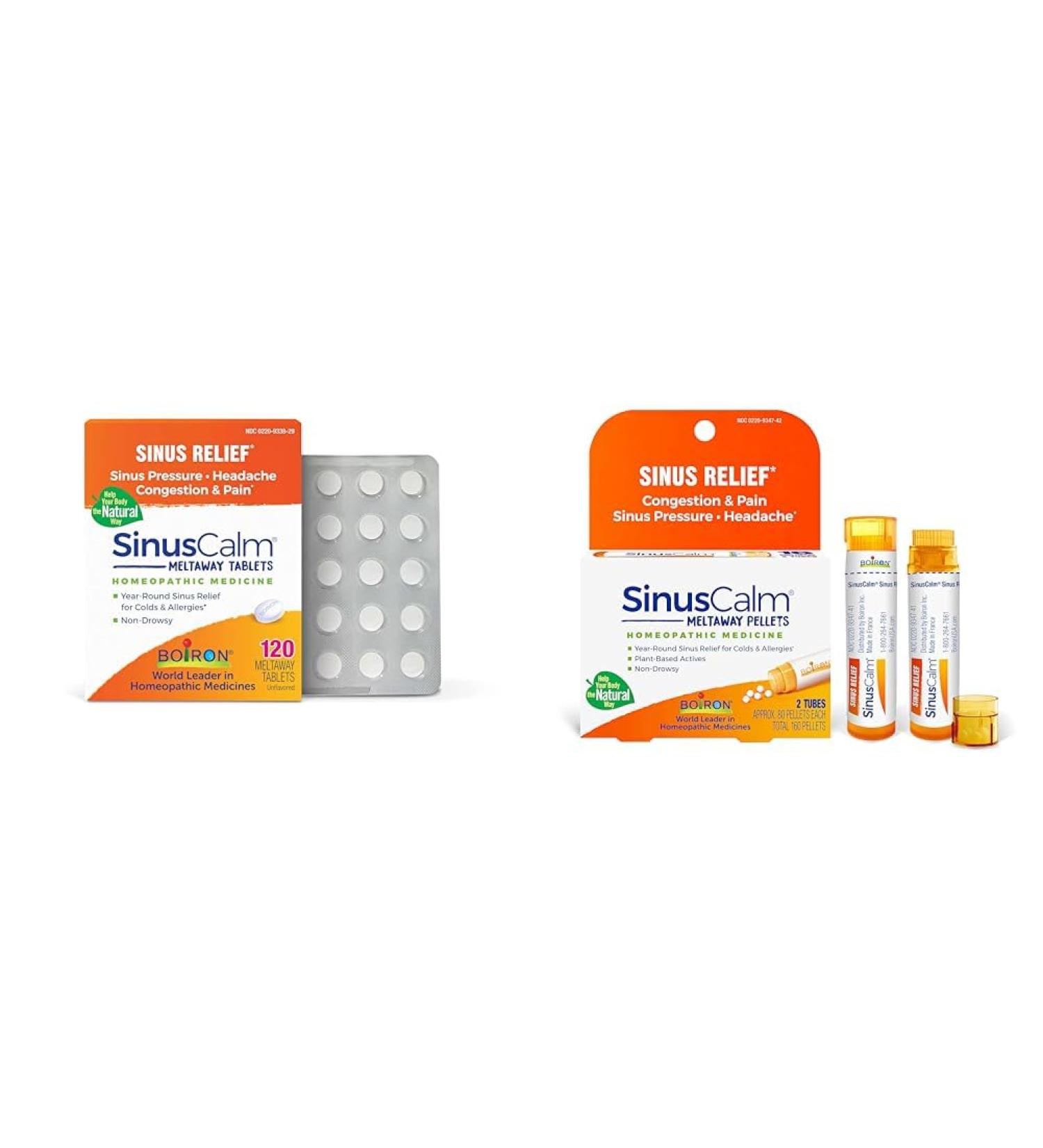 Boiron SinusCalm Tablets for Sinus Relief 120 Count and Pellets for Sinus Relief 2 Count (160 pellets)