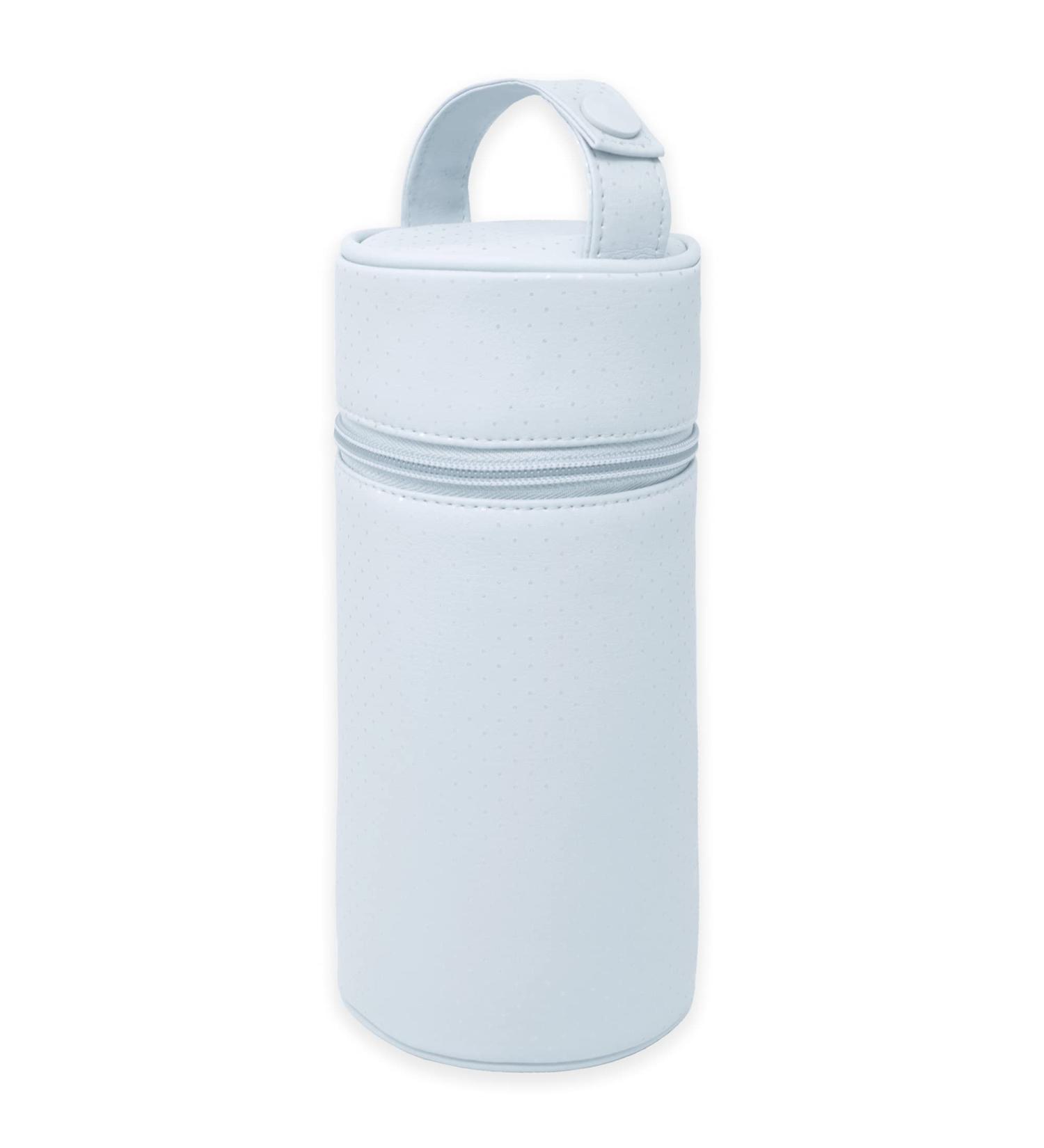 Duffi Baby Bottle Holder - Insulated Synthetic Leather Thermal Bag for Warm & Cold Bottles - Easy Clean Zip & Handle - Blue Circles Design - Buy Online on GoSupps.com