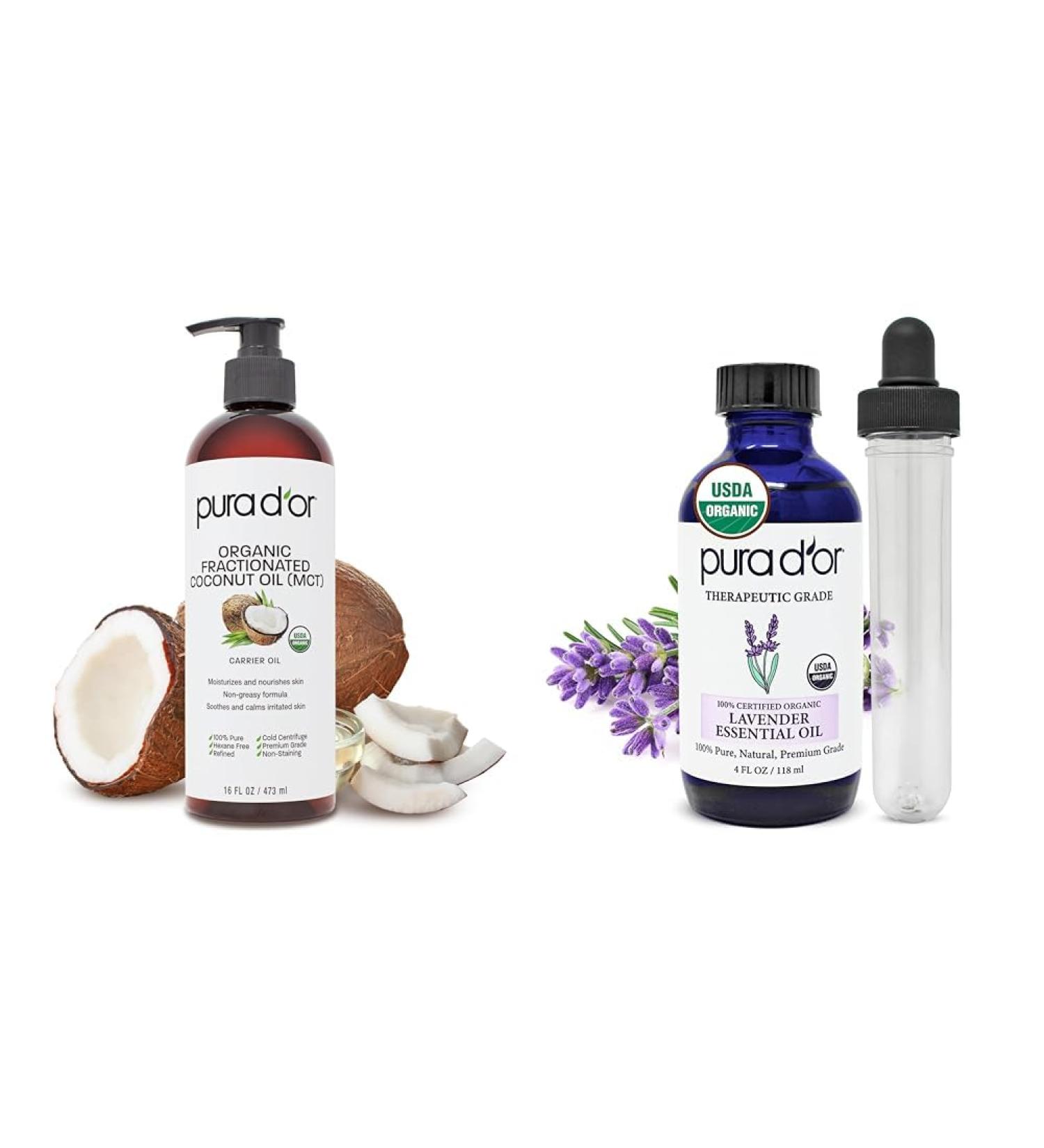 PURA D'OR Organic 16 Oz Fractionated Coconut Oil & 4 Oz Lavender Essential Oil Bundle - Buy Online on GoSupps.com