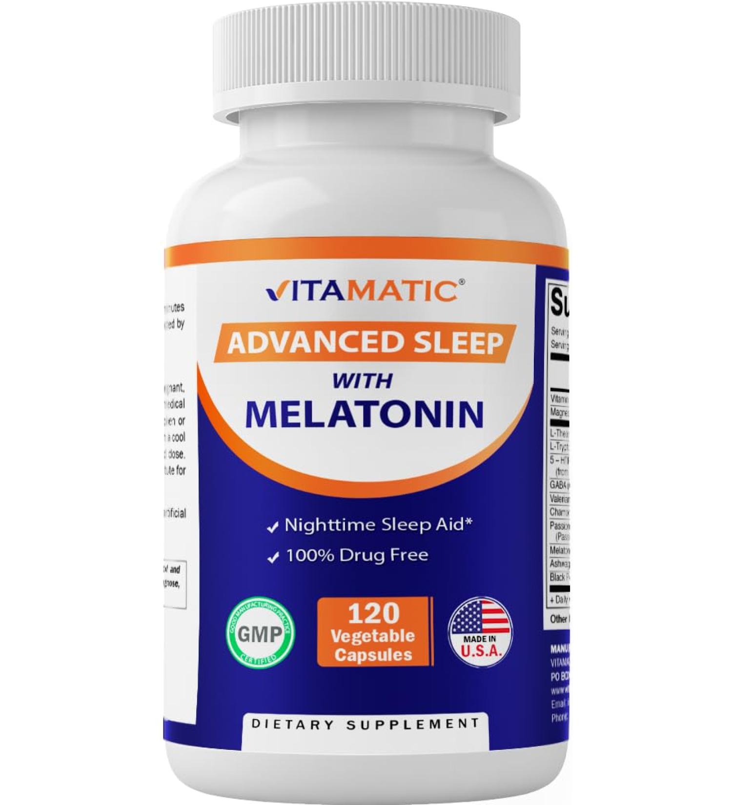 Vitamatic Advanced Sleep Aid with Melatonin - 120 Vegetable Capsules Made with B6, Magnesium, L-Theanine, L-Tryptophan, 5-HTP, GABA, Valerian, Chamomile, Passion Flower, Ashwagandha & Black Pepper - Buy Online on GoSupps.com