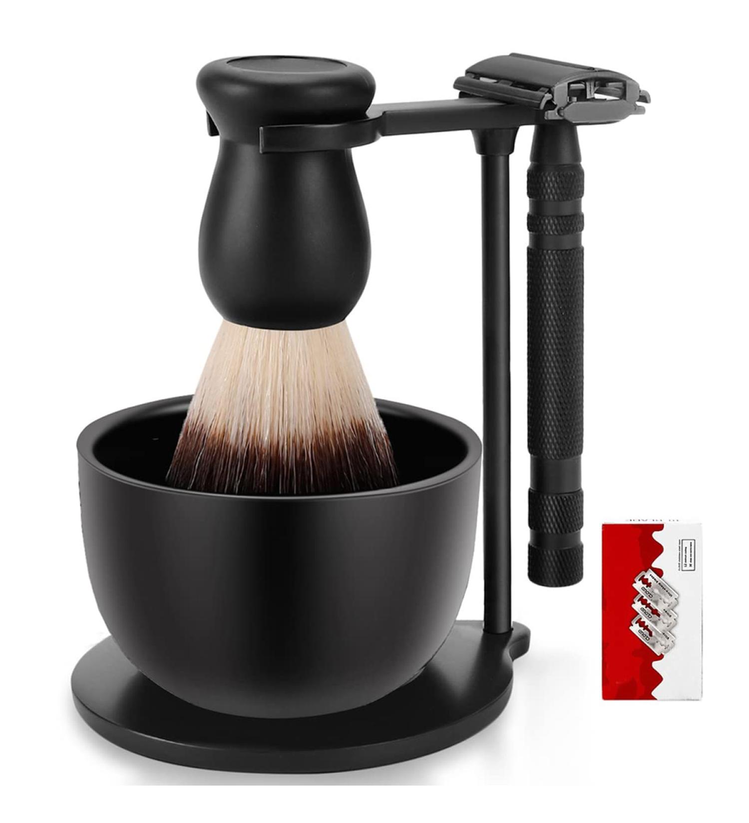 Men's Shaving Kit - Mysterious Black Razor Set with Safety Razor, Brush, Stand, Soap Bowl, and Blades - Buy Online on GoSupps.com