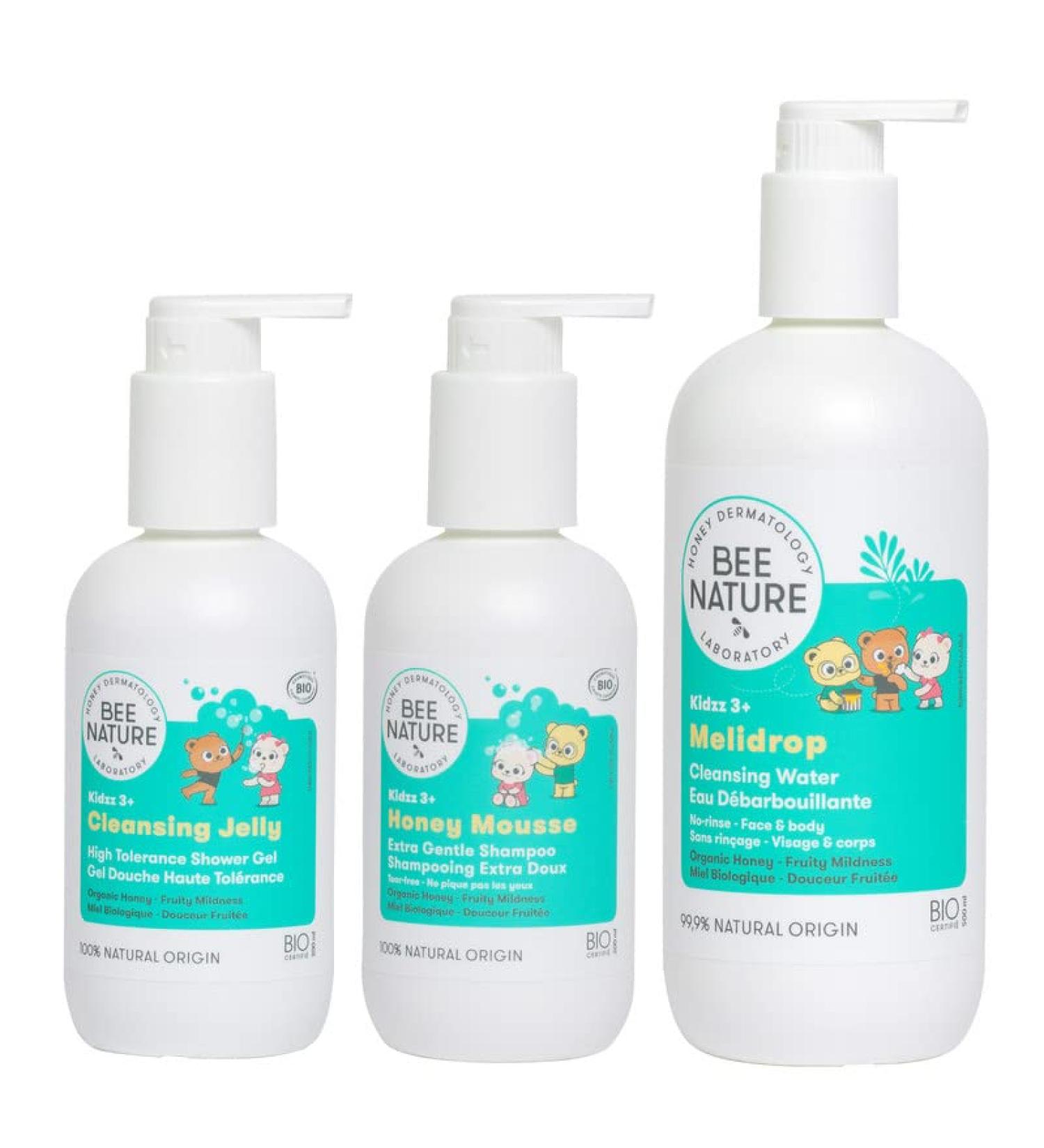 Bee Nature - Organic Shower Gel for Children 200ml - Honey Mousse Shampoo 200ml - No-Rinse Cleansing Water 500ml - 100% Biodegradable and Recyclable. - Buy Online on GoSupps.com