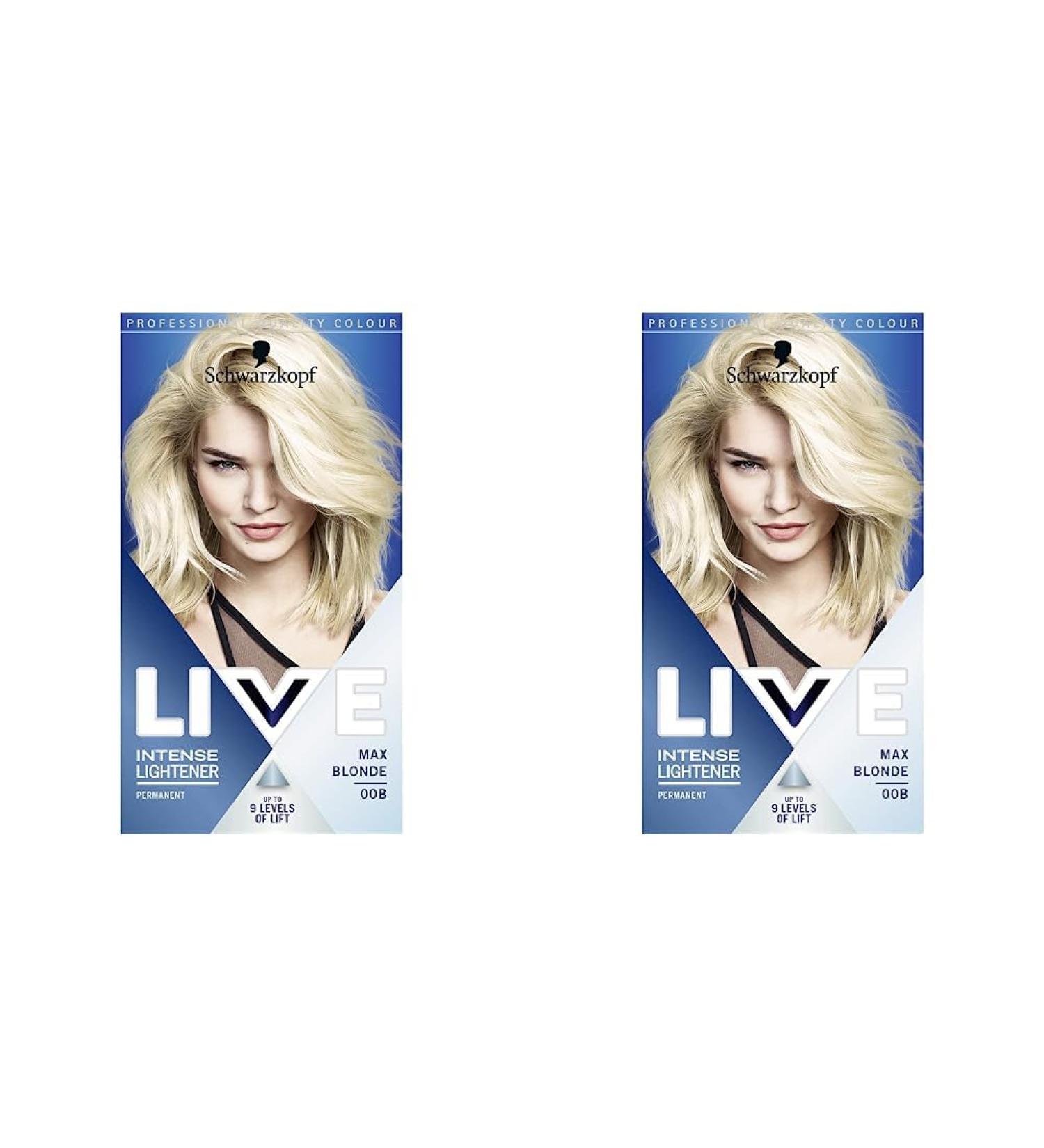 Schwarzkopf LIVE Intense Lightener Permanent Blonde Bleach Hair Dye With Brightening Oil Booster Lifts Hair Up To 9 Levels Max Blonde 00B (Pack of 2) - Buy Online on GoSupps.com