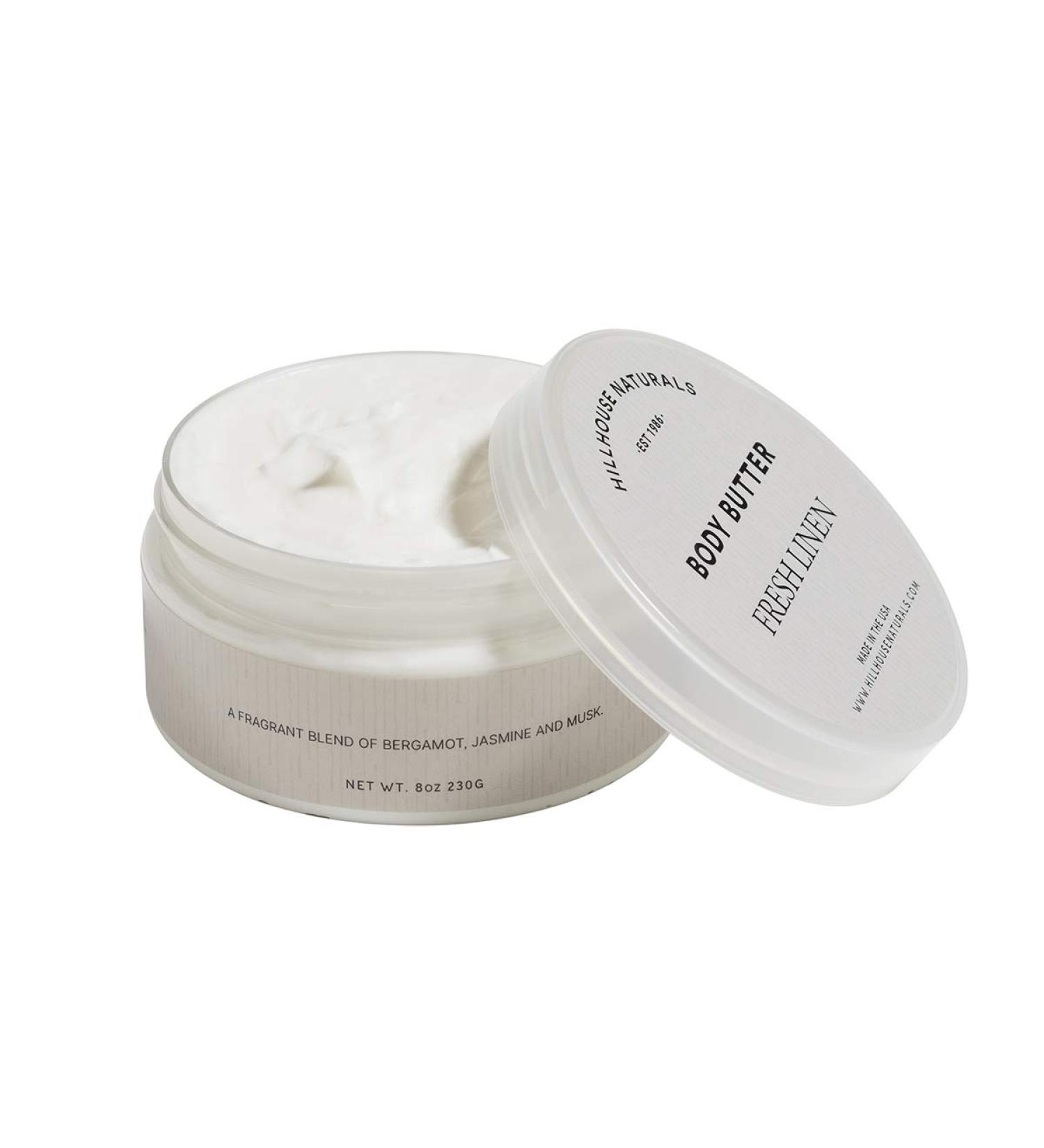 Hillhouse Naturals Fresh Linen 8oz. Body Butter Ultra-Moisturizing Renewing Deep Hydration For Dry Skin. Blend of lemon and orange interwoven with bergamot rose jasmine and musk. Made in the USA