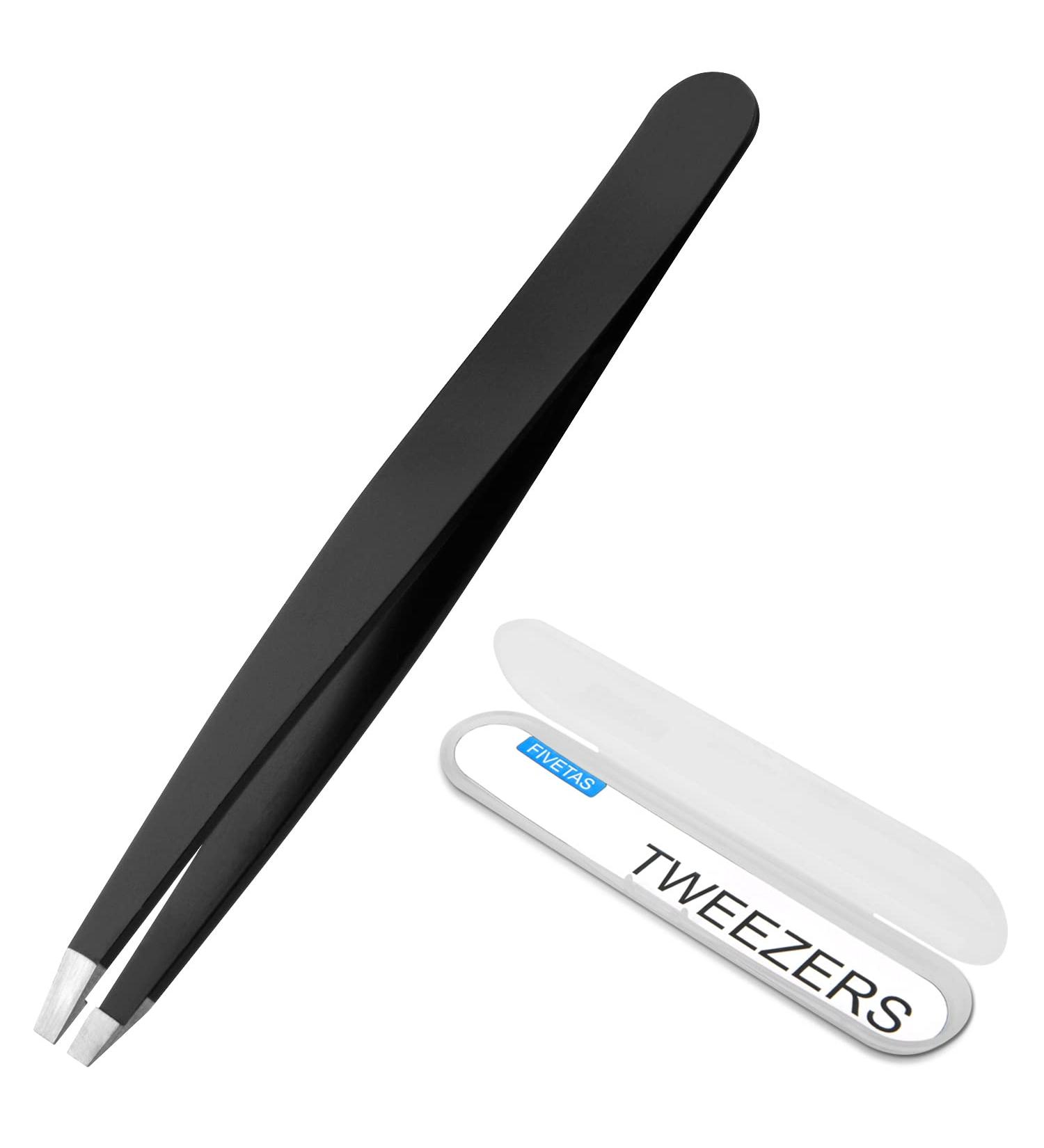 FIVETAS Stainless Steel Flat Tweezers with Case - Precision Eyebrow and Facial Hair Removal Tool for Women & Men (Black) - Buy Online on GoSupps.com