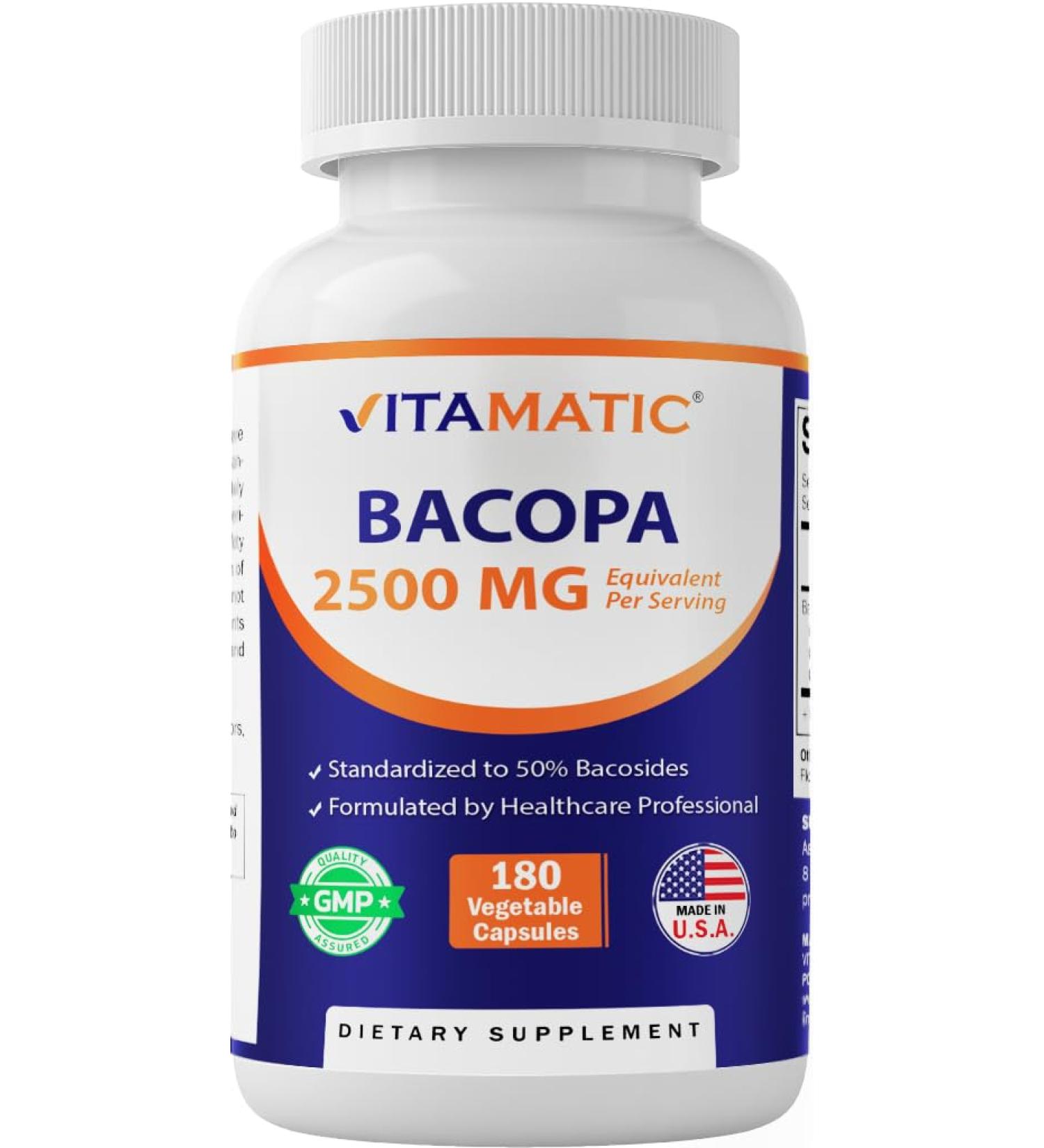 Vitamatic Bacopa Monnieri 2500 mg Equivalent Per Serving (from 10:1 Extract 250 mg) Nootropic Herbal Supplement - 50% Bacosides, Non-GMO & Gluten Free - 180 Vegetable Capsules - Buy Online on GoSupps.com