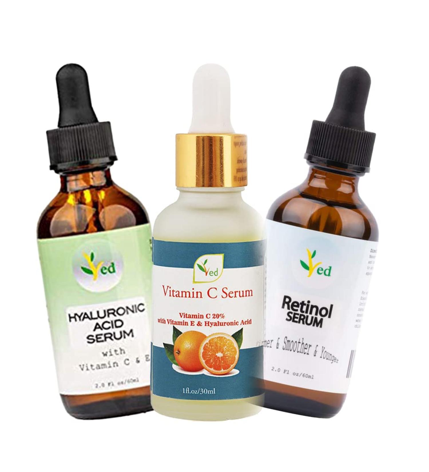 Triple serum pack |Vitamin C hyaluronic acid and rational serum |Reduces wrinkles fine lines and age spots.|Fits every skin type |30 ml 60 ml or 60 ml.