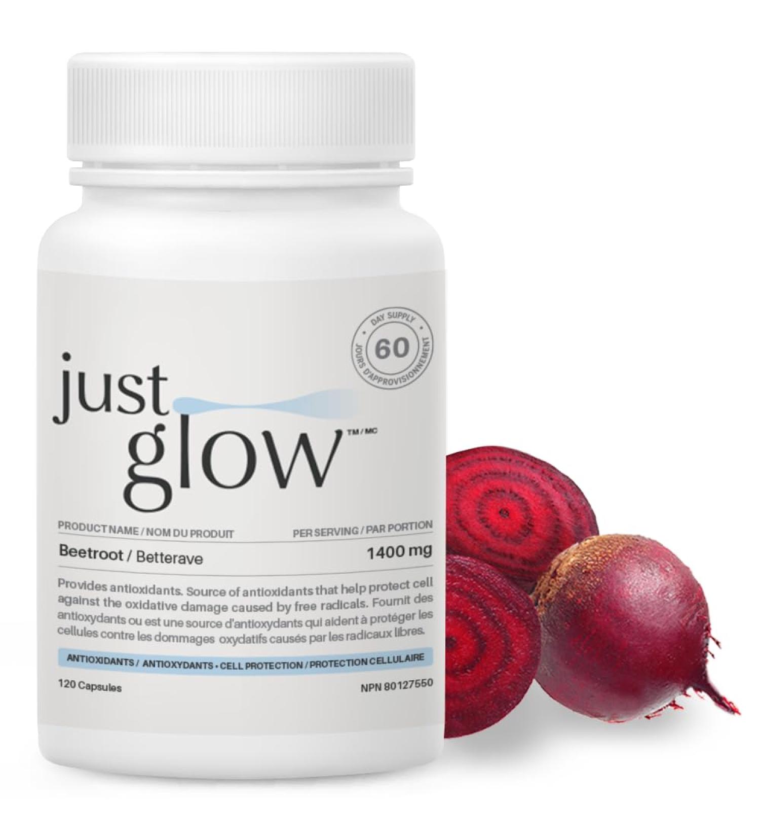 Just Glow Organic Beetroot 1 400mg - USDA & Health Canada Certified Organic Beet Root Powder - Beta Vulgaris Supplement - Antioxidant Support - Made in Canada - 120 Capsules (2 Months Supply) - Buy Online on GoSupps.com