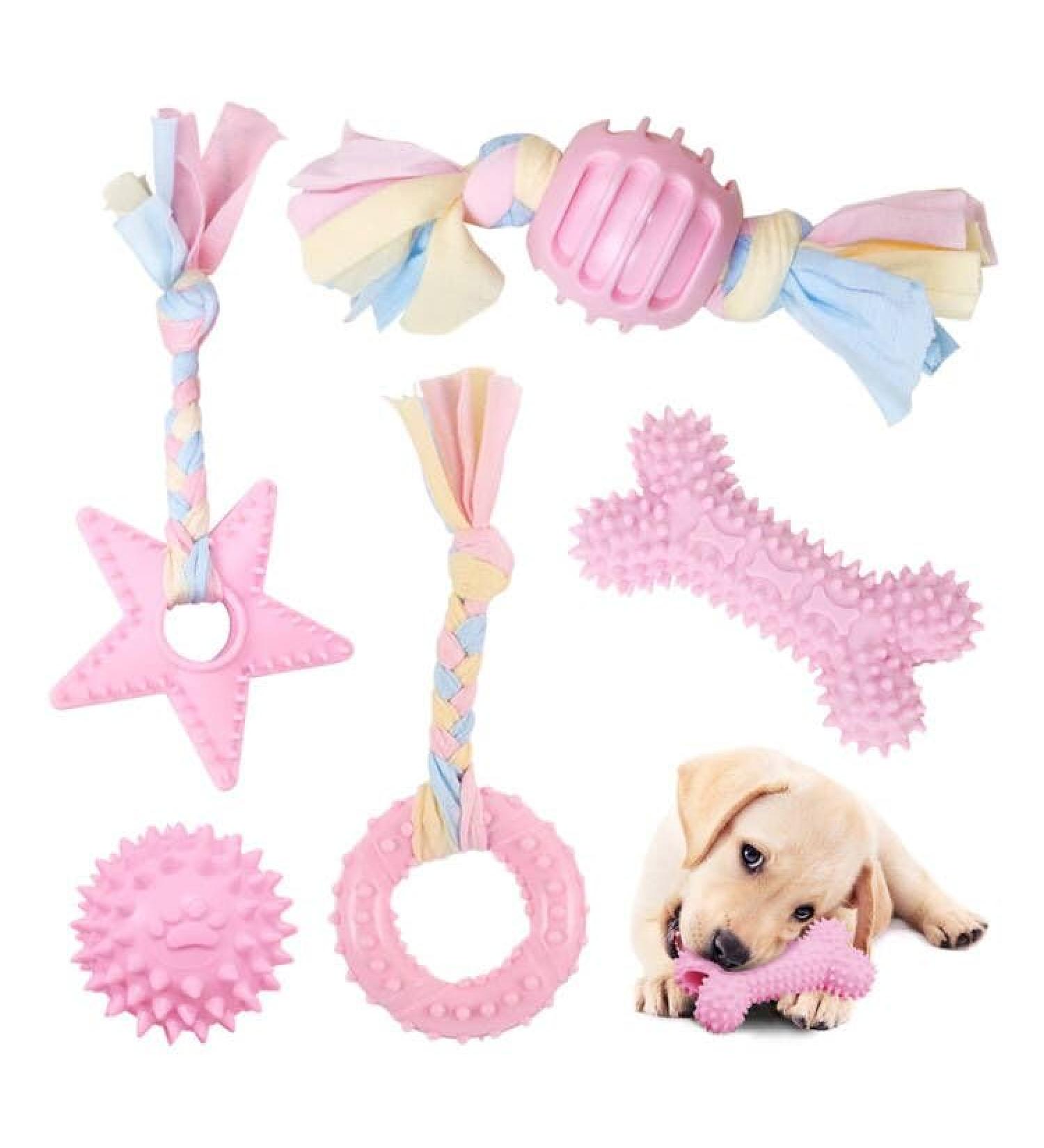 AnVerse 5 Pack Dog Toys Rope & Ball - Chewing & Dental Care Toys for Small Dogs - Pink - Buy Online on GoSupps.com