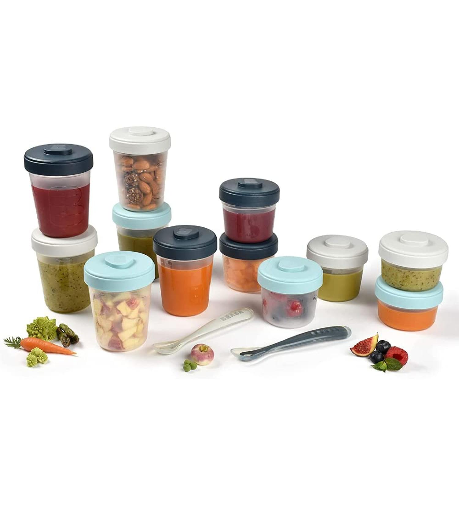 Beaba Set of 12 Storage Pots with 2 Silicone Spoons - Interlocking Stackable, Airtight, Freezable - 100% BPA-Free - 2x90ml + 4x150ml + 6x250ml - Storm - Buy Online on GoSupps.com