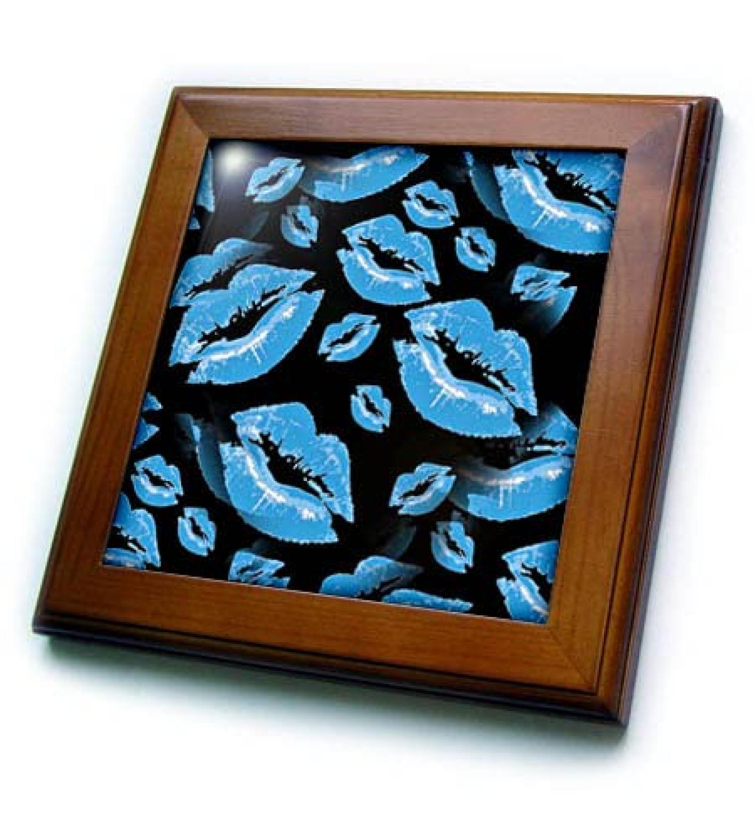 3dRose 8x8 Framed Tile - Two Kisses Collided Lip Boyish Blue Lips Pattern Pattern - Lipstick Kisses