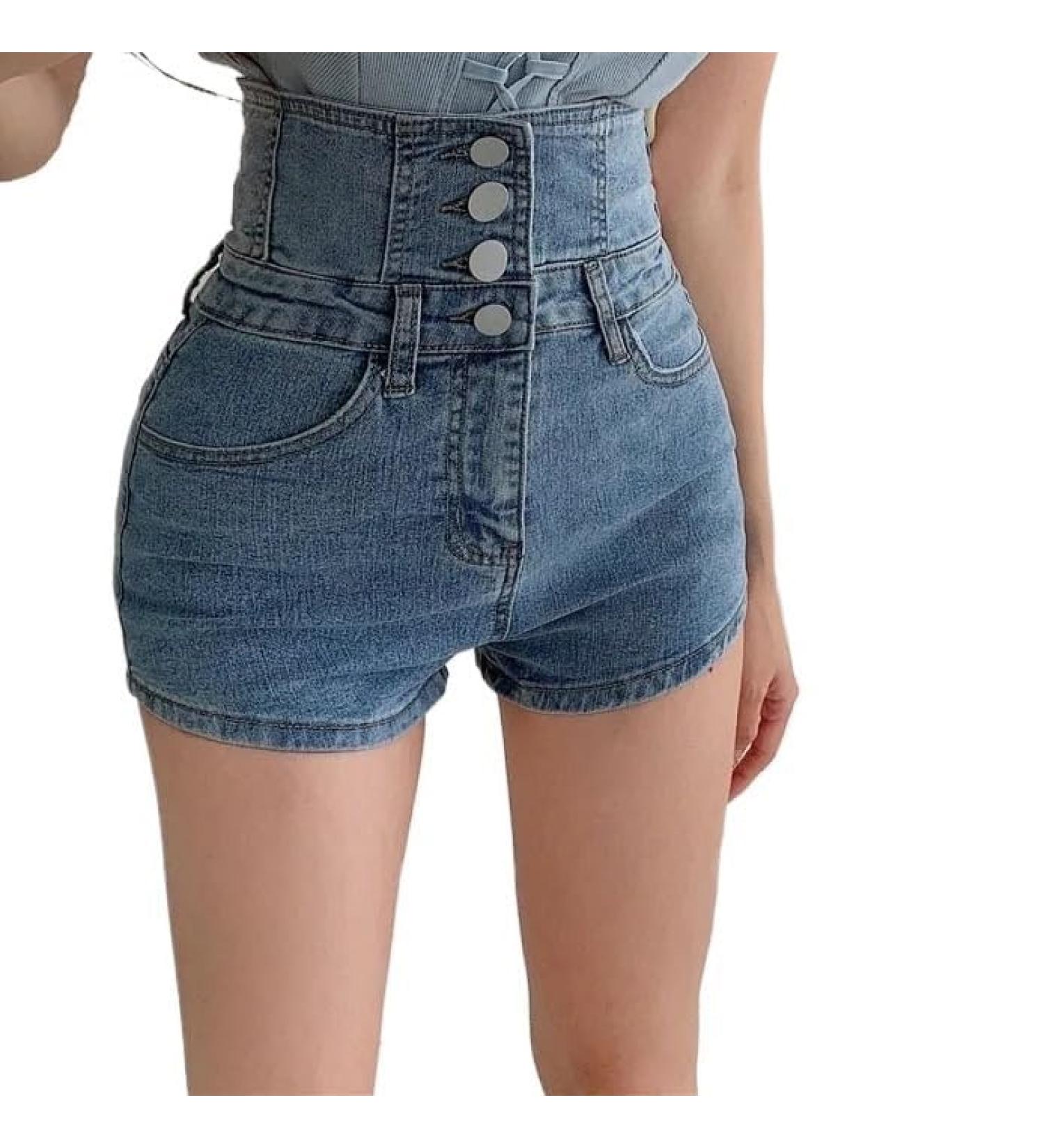 Uck-Kit Women's High Waist Denim Shorts - Summer Torn Blue Jeans with Cross-Tail Hips - Buy Online on GoSupps.com