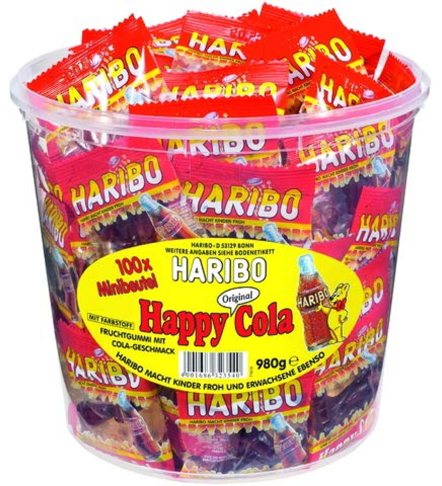 HARIBO Gommes aux fruits, Happy Cola Minis, boîte transparente, 100 x 9,8 g (980 g)