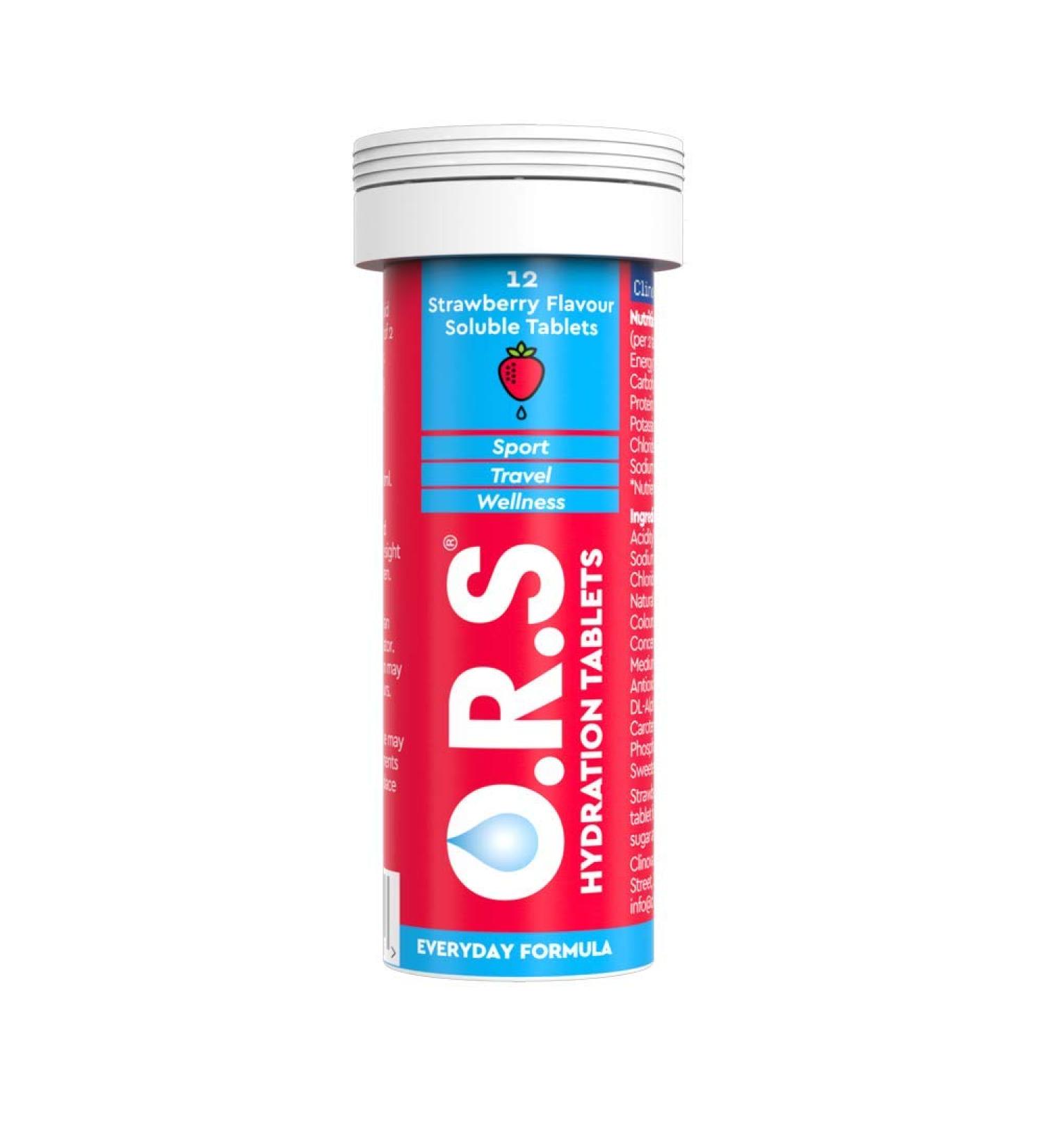 O.R.S Hydration Tablets with Electrolytes - Vegan, Gluten, and Lactose Free - Natural Strawberry Flavour - 12 Tablets - Buy Online on GoSupps.com