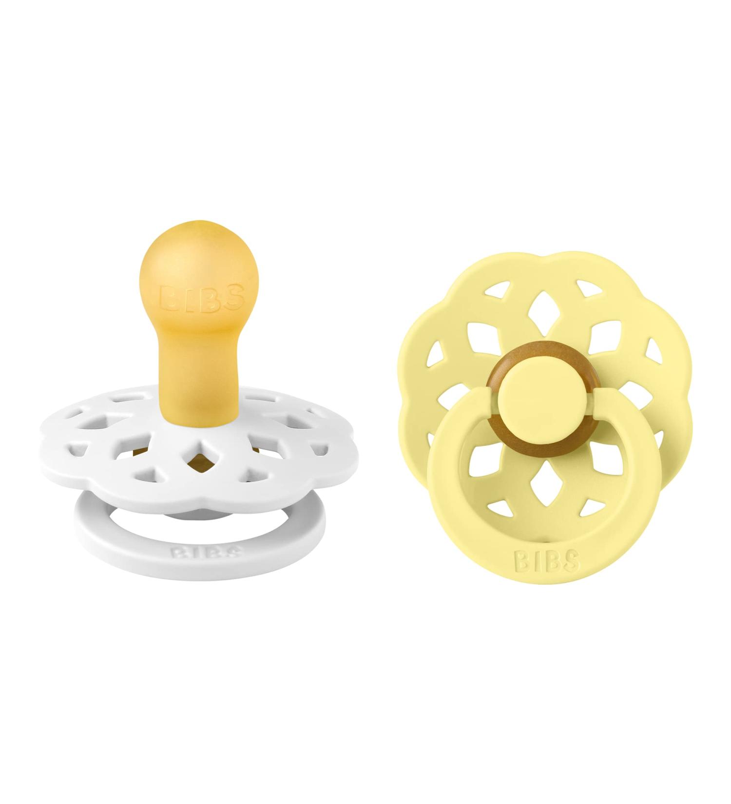 BIBS Boheme Pacifiers 2 Pack | BPA Free, Cherry Shape Nipple, Natural Rubber Latex | Made in Denmark | White/Sunshine | Size 0-6 Months - Buy Online on GoSupps.com