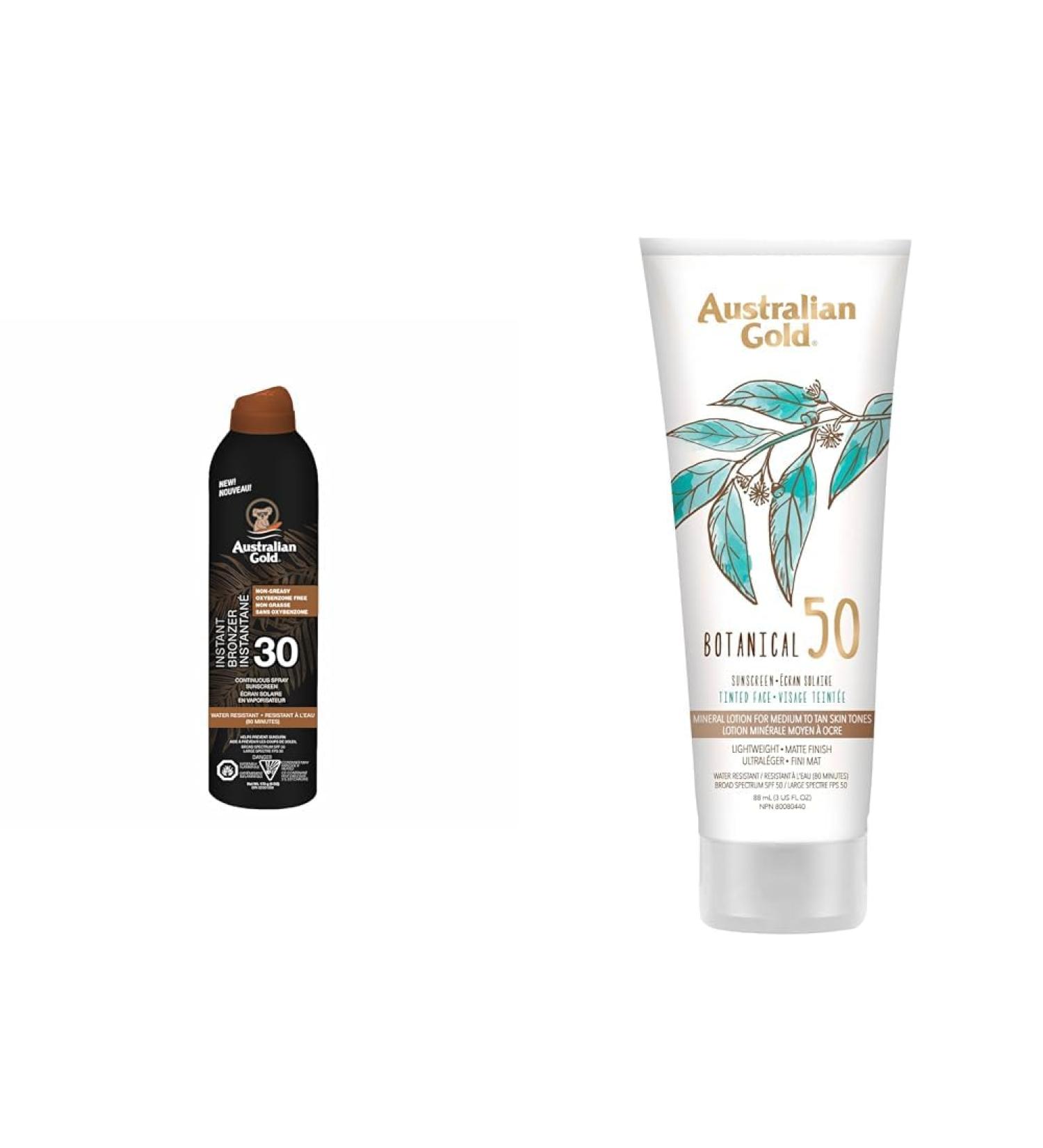 Australian Gold SPF 30 Continuous Spray Bronzer & SPF 50 Botanical Tinted Mineral Suncreen for Medium to Tan Skin Tones 88 ml (Pack of 1) Spray Bronzer + SELF_TANNER FJFIEJFOK333 - Buy Online on GoSupps.com
