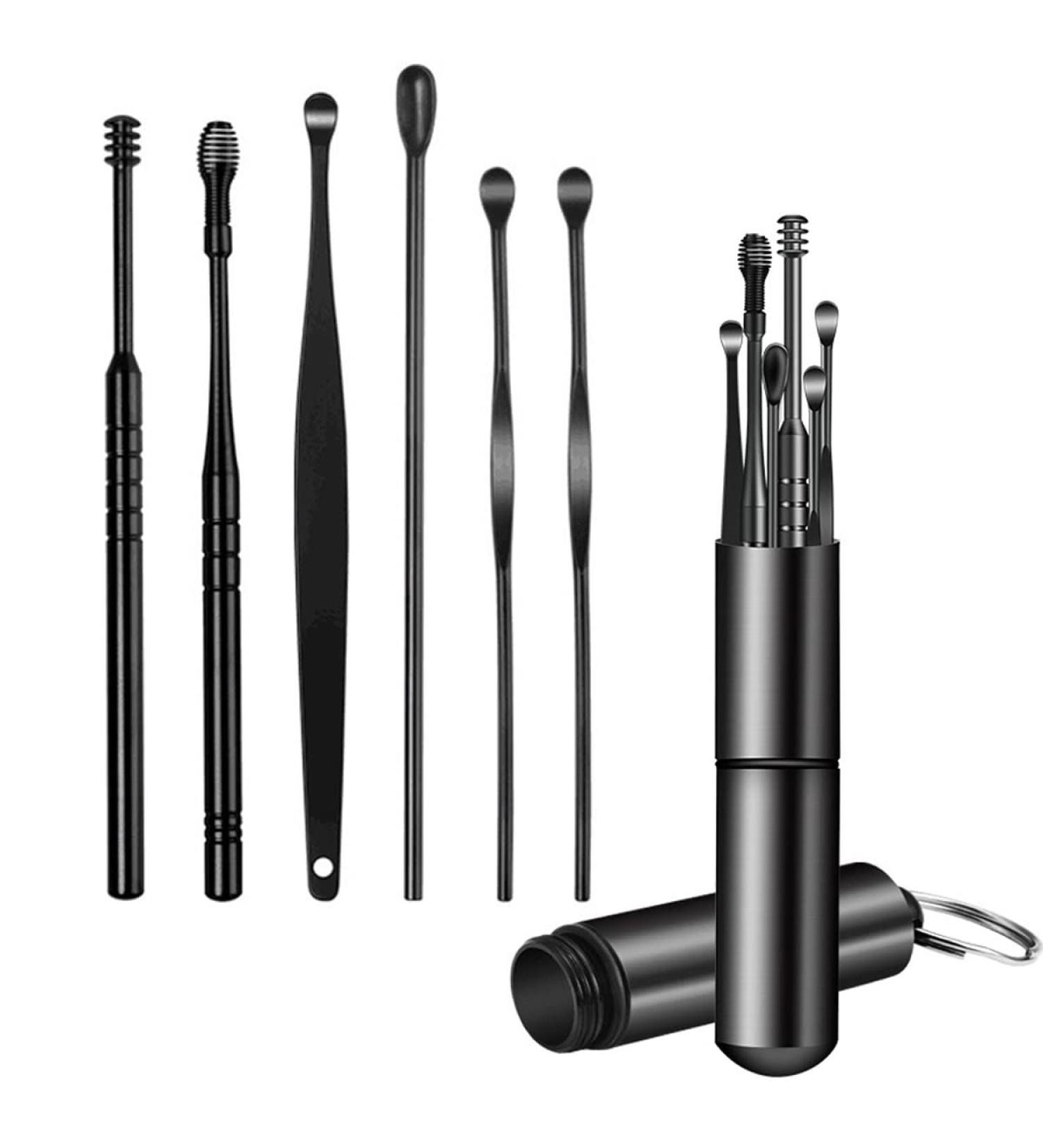 6 Pcs Ear Cleaner Wax Removal Tool Kit with Key Ring - Cylinder/Black | Ear Pick Earwax Removal Set - Buy Online on GoSupps.com