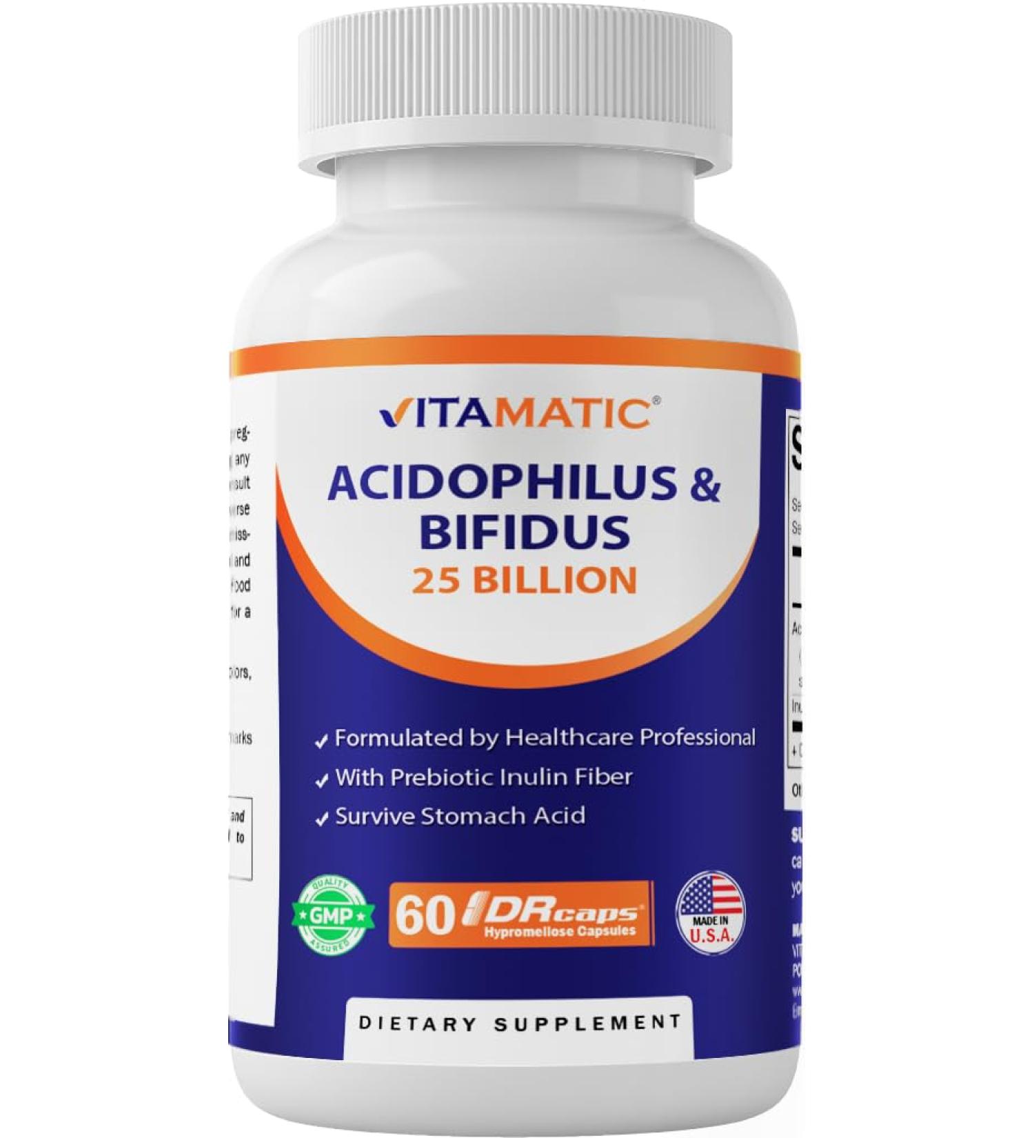 Vitamatic Acidophilus Bifidus 25 Billion DR Capsule - 60 Count - Digestive Support - Made with Prebiotic Inulin Fiber 60 Count (Pack of 1) - Buy Online on GoSupps.com
