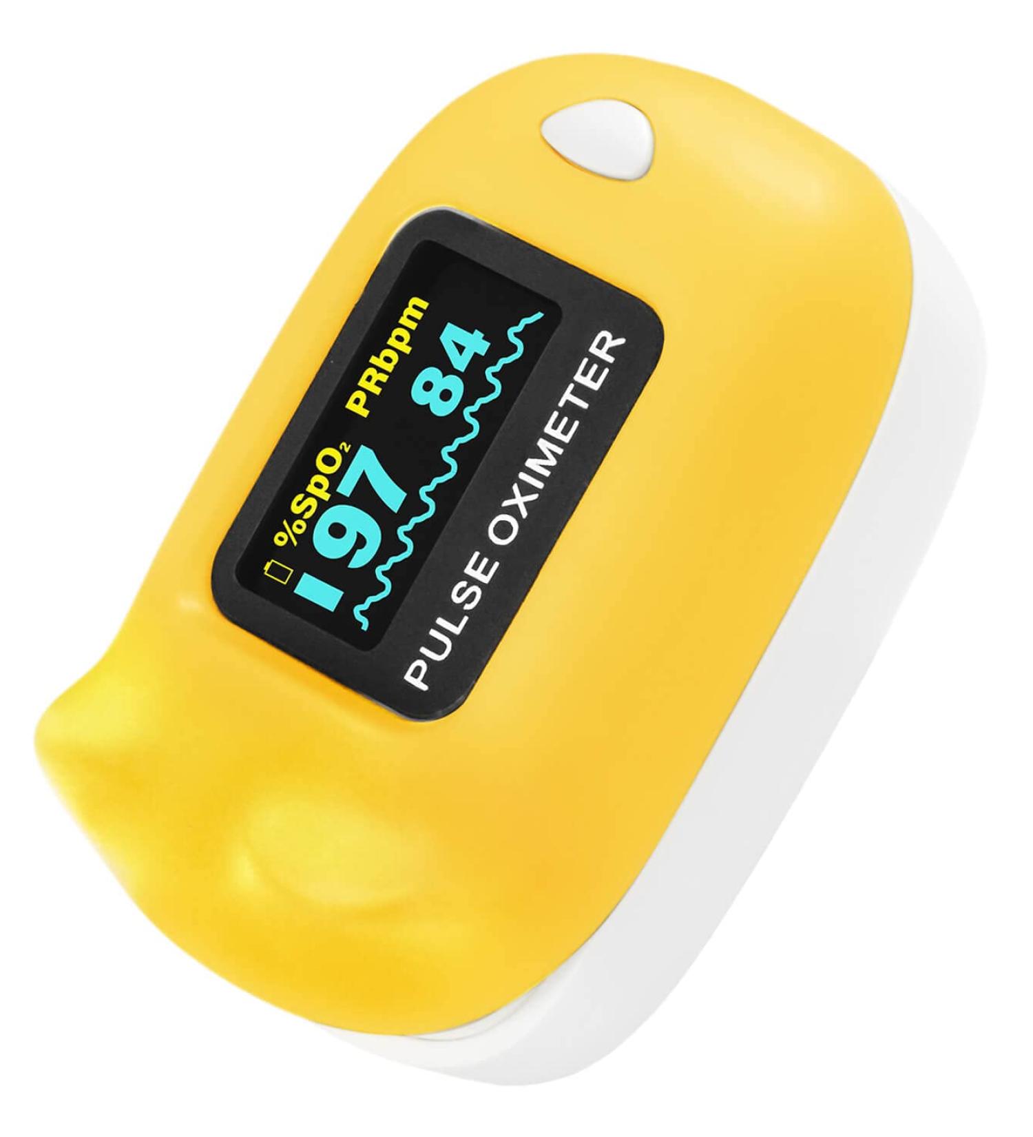 Child Pulse Oximeter - Blood Oxygen Saturation Monitor with Neck/Wrist Cord & Batteries Yellow | International Shipping Available - Buy Online on GoSupps.com