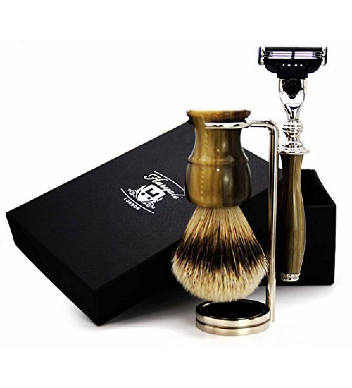 Premium Men's Shaving Kit - 3 Edge Razor Silver Tip Badger Hair Brush & Stand | Perfect Grooming Gift - Buy Online on GoSupps.com